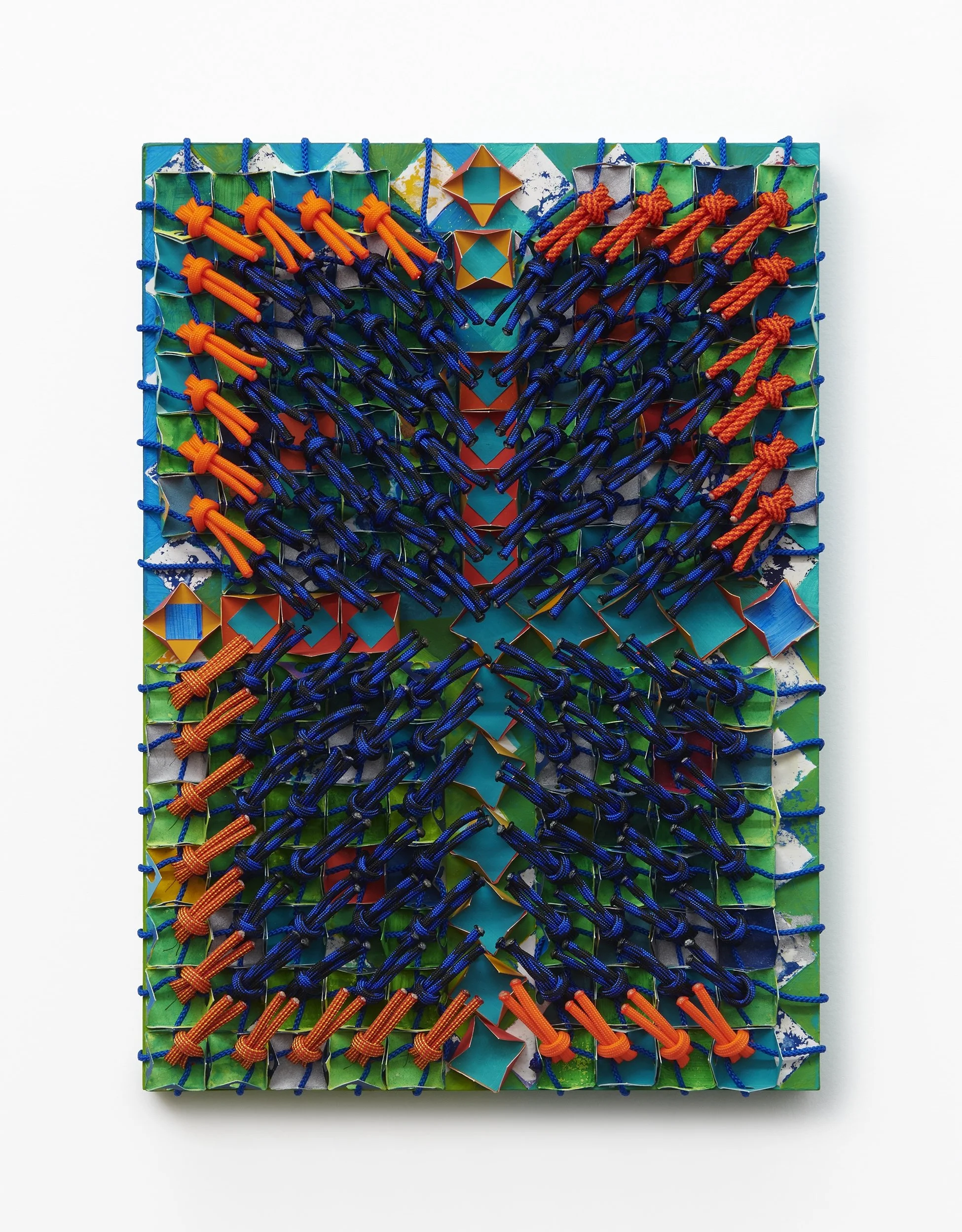  Untitled, Deep Blue , 2025 
Acrylic, paper, utility rope, paracord on panel 
14" x 10.5" x 1.5"