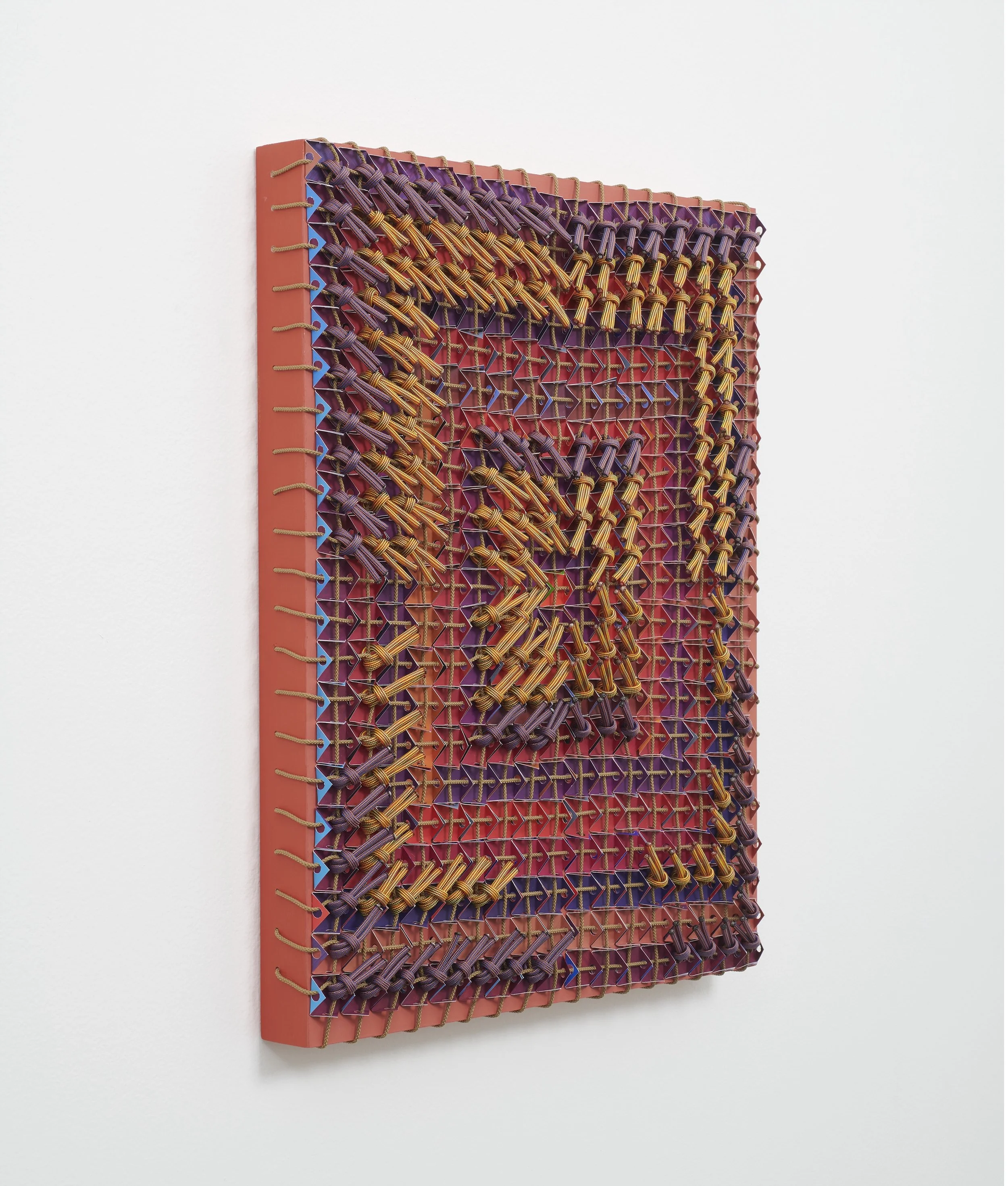  Moroccan Houses, profile , 2026 
Acrylic, paper, utility rope, paracord on panel 
20 x 16 x 2 in