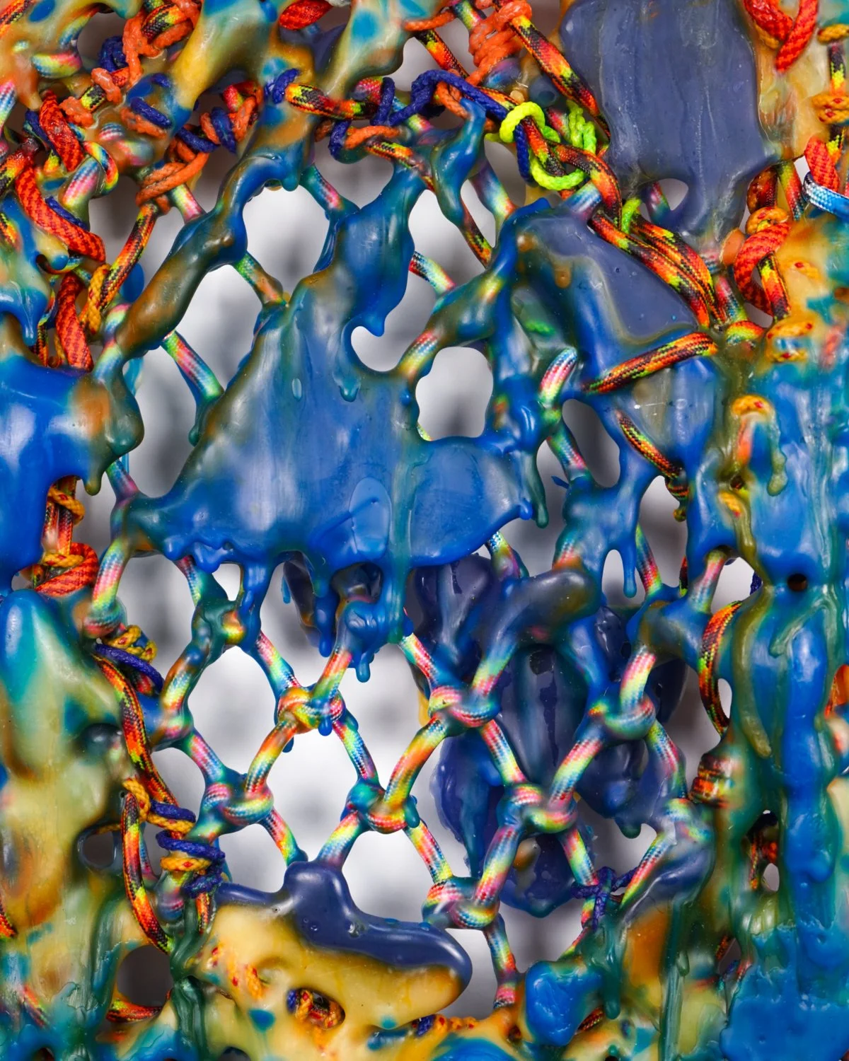  Device for Dreaming, detail , 2025 
Casting wax, encaustic, utility rope, paracord, charred wood 
18 x 14 x 1.5 in