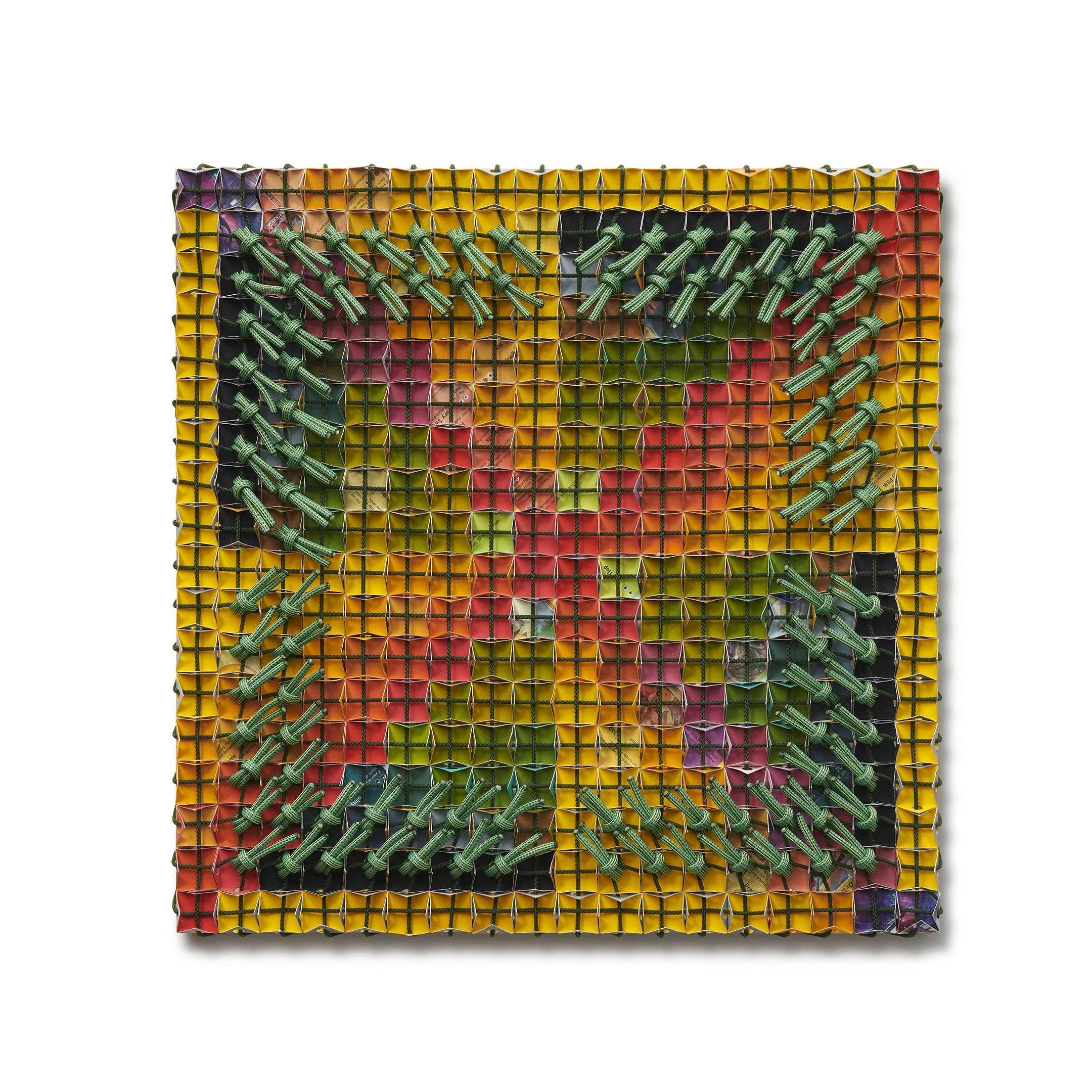  Pinwheel , 2026 
Acrylic, paper, Pokémon cards, utility rope, paracord on panel 
16 x 16 x 2 in