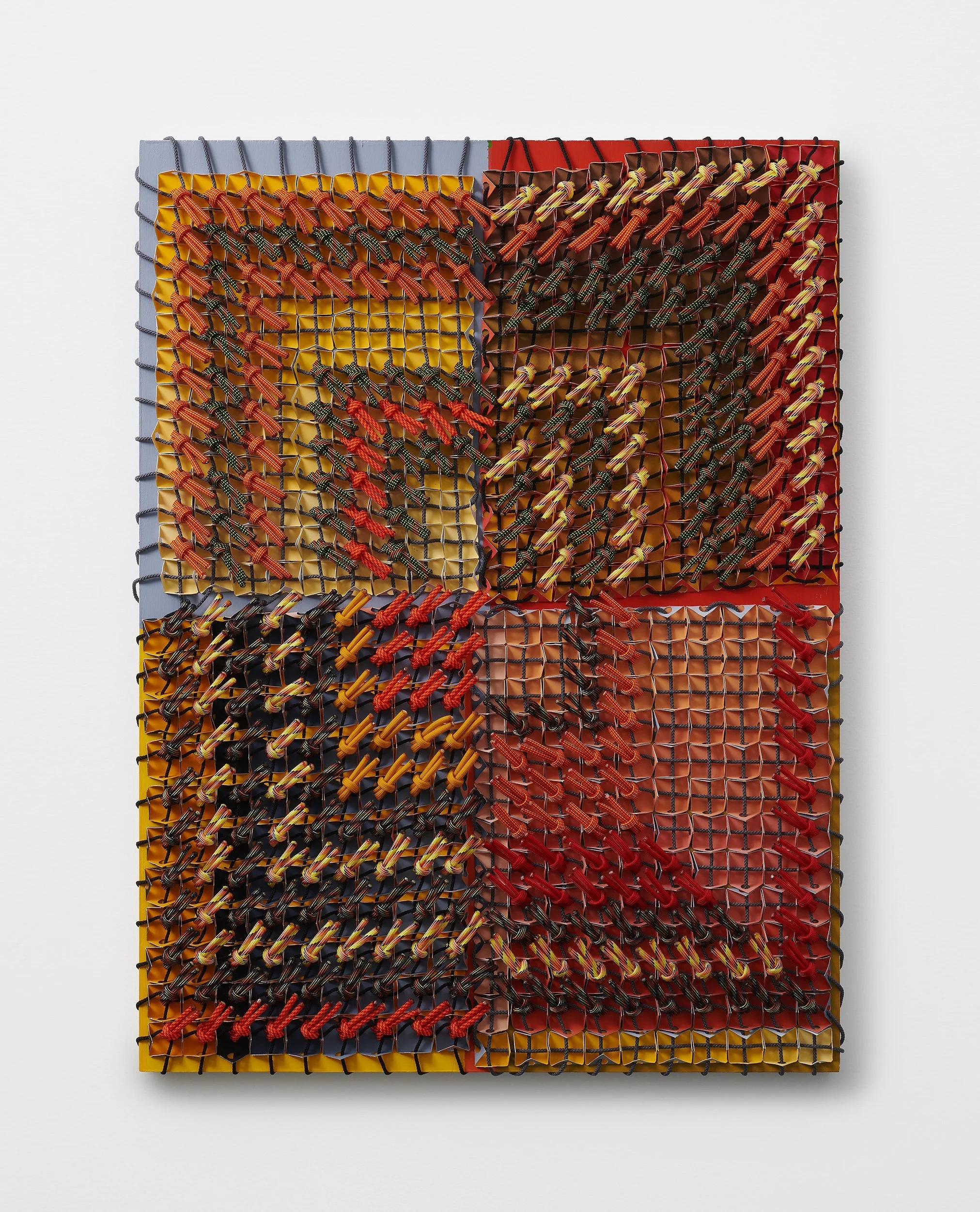  Mud and Sun , 2025 
Acrylic, paper, utility rope, paracord on panel 
25" x 19" x 1.5"