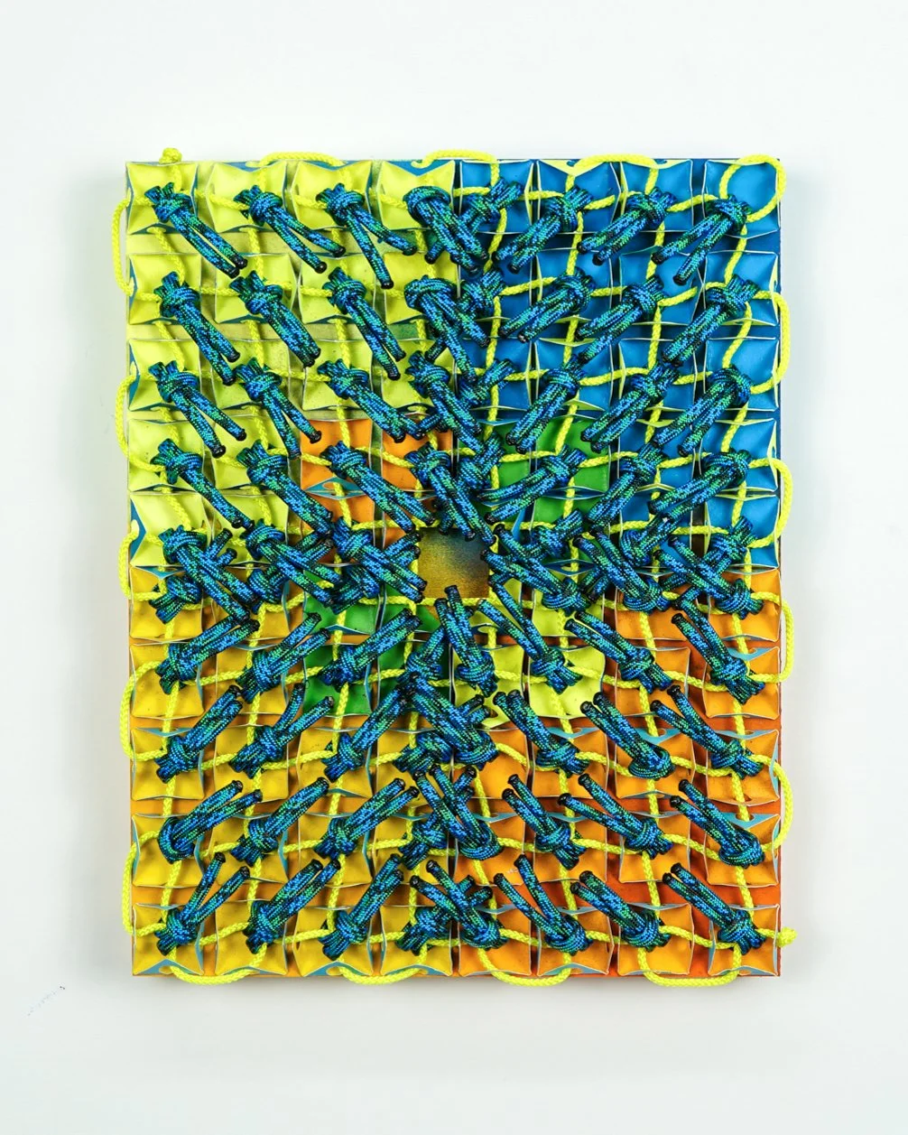  One fish, two fish , 2024 
Acrylic, paper, utility rope, paracord on panel 
10 x 8 x 1.5 in