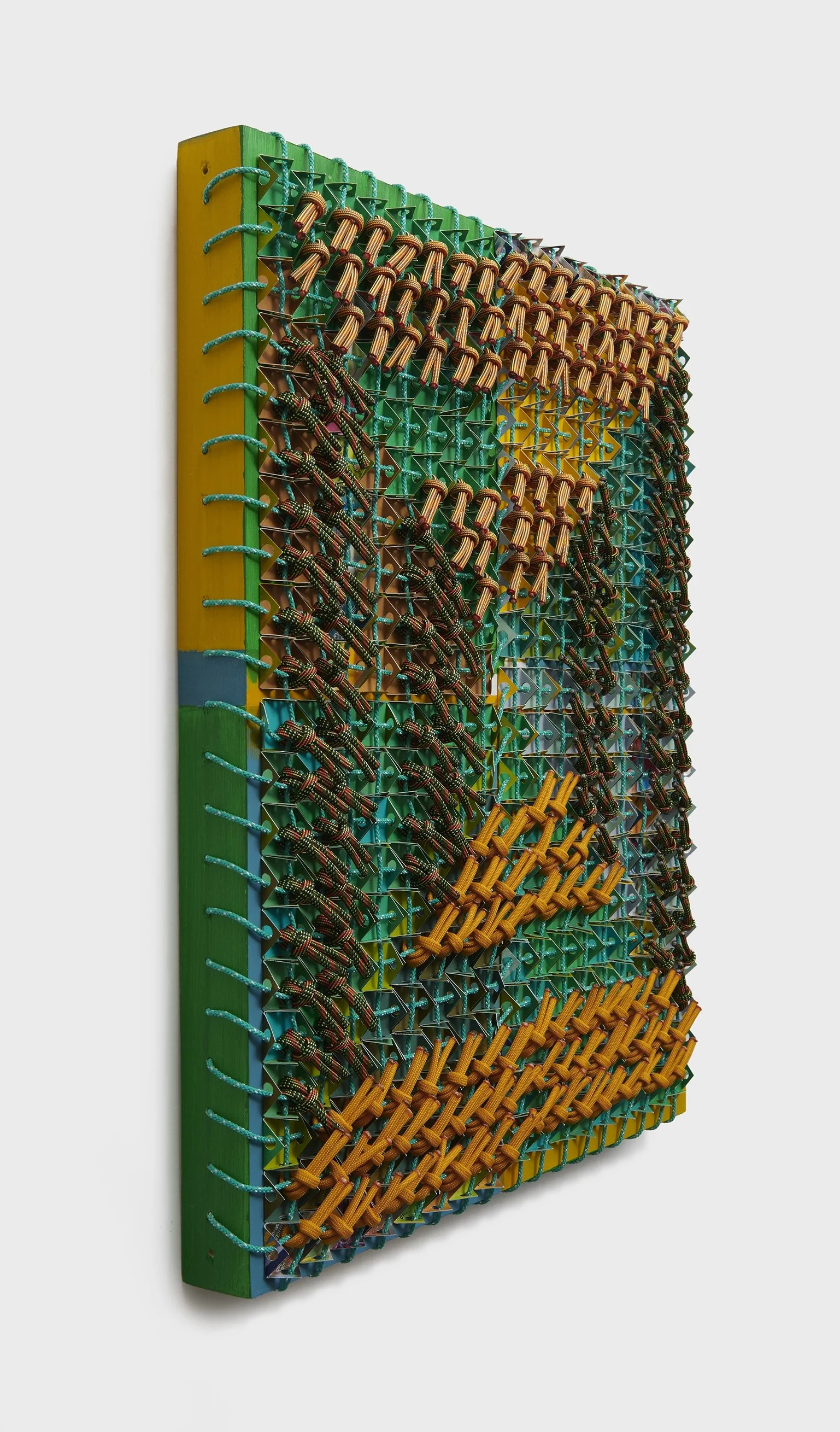  Carmen's Garden, profile , 2026 
Acrylic, paper, Pokémon cards, utility rope, paracord on panel 
20 x 16 x 2.5 in