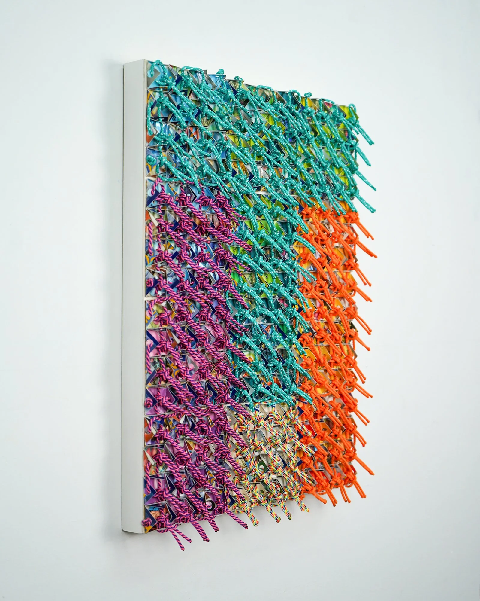  On the Look Out, profile , 2024-2025 
Pokémon cards, utility rope on mat board on panel 
15 x 11 x 1.5 in