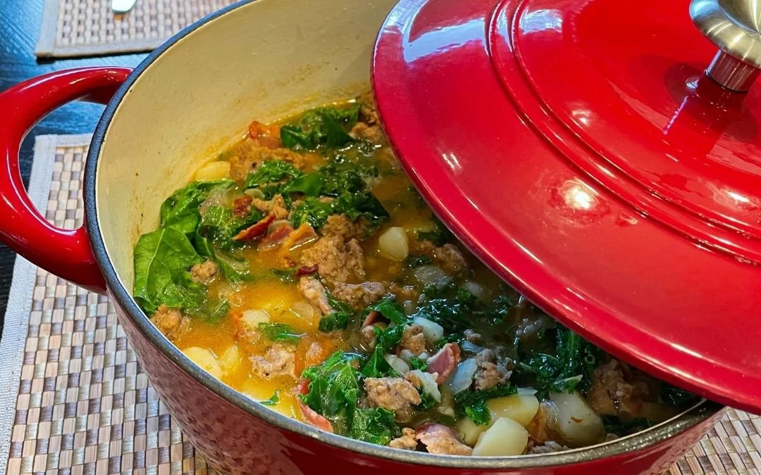 zuppa toscana in large red ceramic crock
