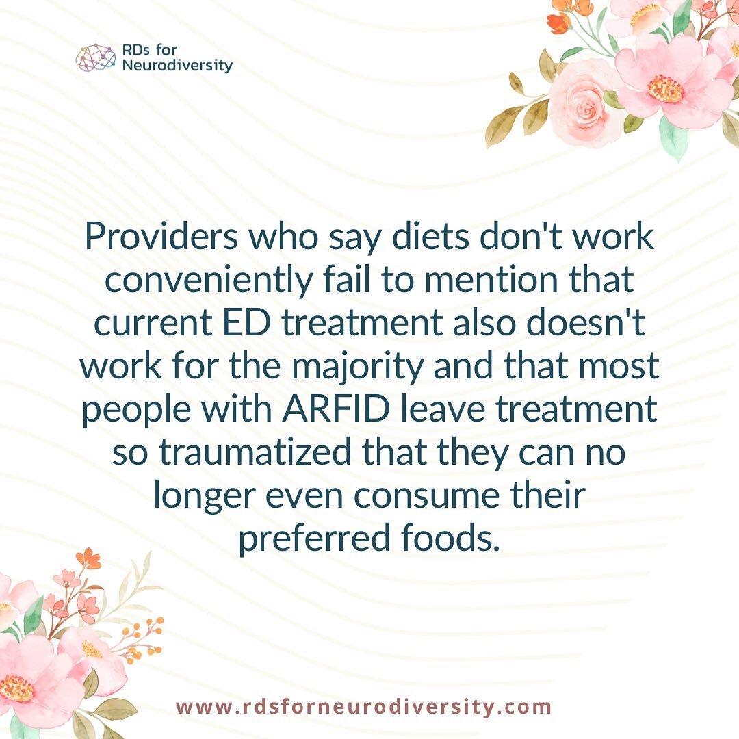 Yes, diets don't work, and the treatment currently exists to support people with ED also fails many, especially the disabled and NDcommunity. ⁣
⁣
In treatment, neurodivergent people with ARFID are more likely to experience trauma, making eating less 