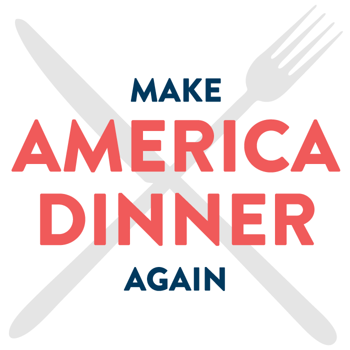 A graphic design in red and blue with the text "Make America Dinner Again" over a white background, featuring a grey knife and fork crossed behind the text.
