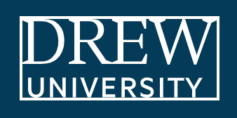 Drew University logo with white text on a dark blue background