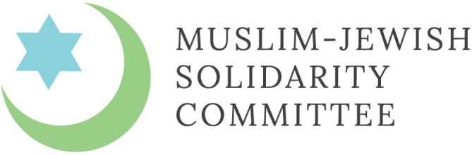 Logo of the Muslim-Jewish Solidarity Committee featuring a blue star, a green crescent moon, and black text.