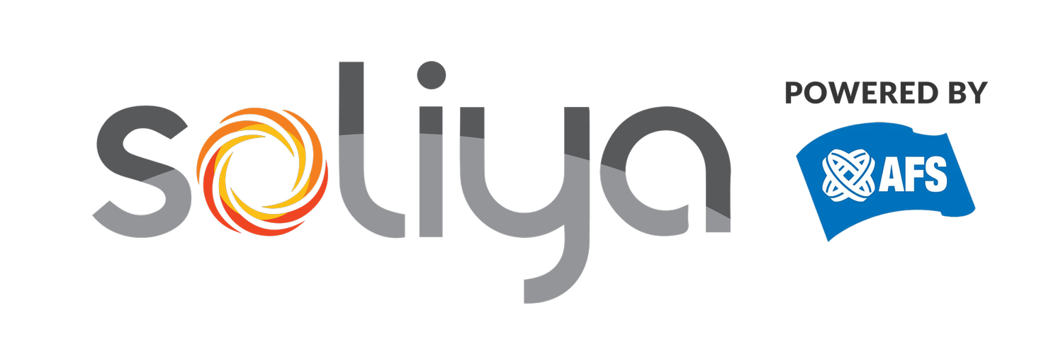Logo with the text 'Soliya' and a colorful sun design, with the words 'Powered by AFS' and a blue AFS flag.