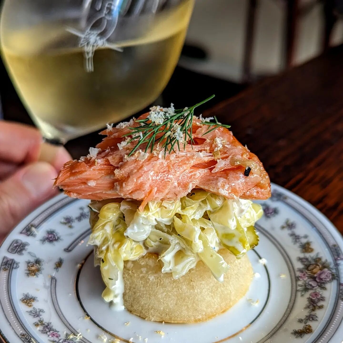 House hot-smoked trout on sourdough crumpet, dill saurkraut remoulade &amp; horseradish

The saurkraut has been doing its thing for the past 6 weeks, the trout is brined &amp; cured for 24 hours and then hot-smoked over mesquite and the crumpet makes