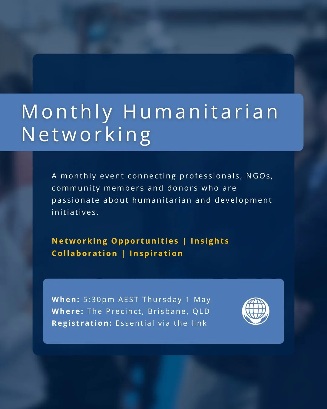 Next Week ⏳ 

Join us next Thursday for our Monthly Humanitarian Networking event at the Precinct Hub in Brisbane!

These free events are designed for professionals, NGOs, donors, and individuals passionate about making a difference in the humanitari