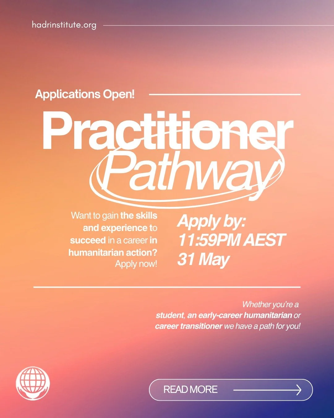 📣 Applications are now open for HADRI&rsquo;s Practitioner Pathway!

We&rsquo;re excited to announce the launch of The Practitioner Pathway on the HADR Institute&rsquo;s website! This portal works in conjunction with our mid-year internship recruitm