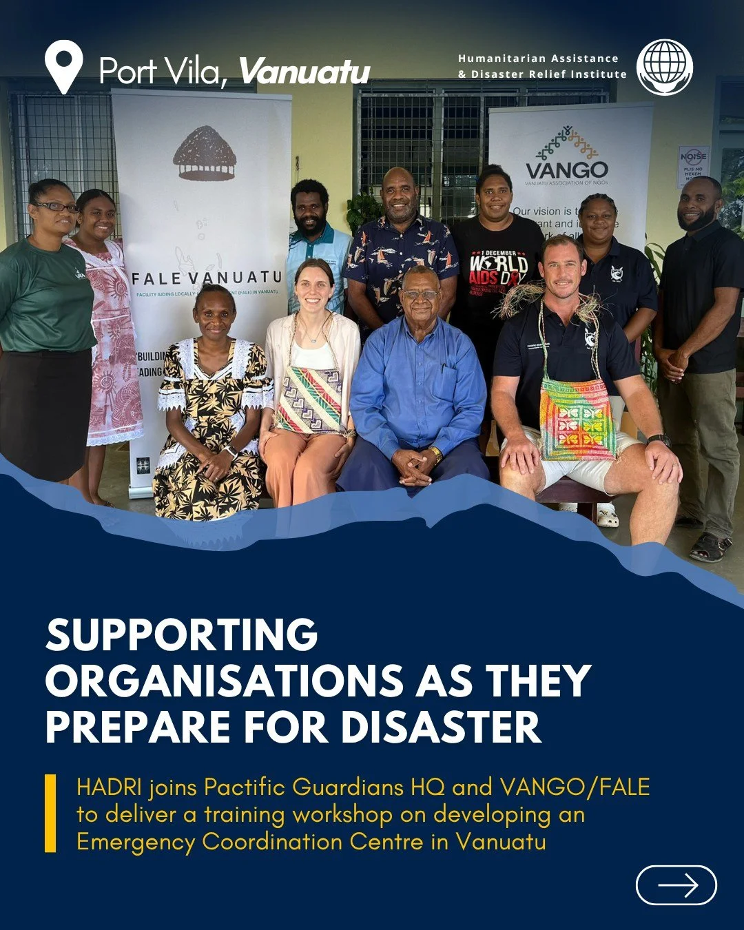 #OnTheGround with Matilda Gall

📍Port Vila, Vanuatu

A little while ago, the HADR Institute&rsquo;s Matilda Gall joined Pacific Guardians HQ to deliver a 2-day workshop in Port Vila for the Vanuatu Association of NGOs &ndash; Facility Aiding Locally