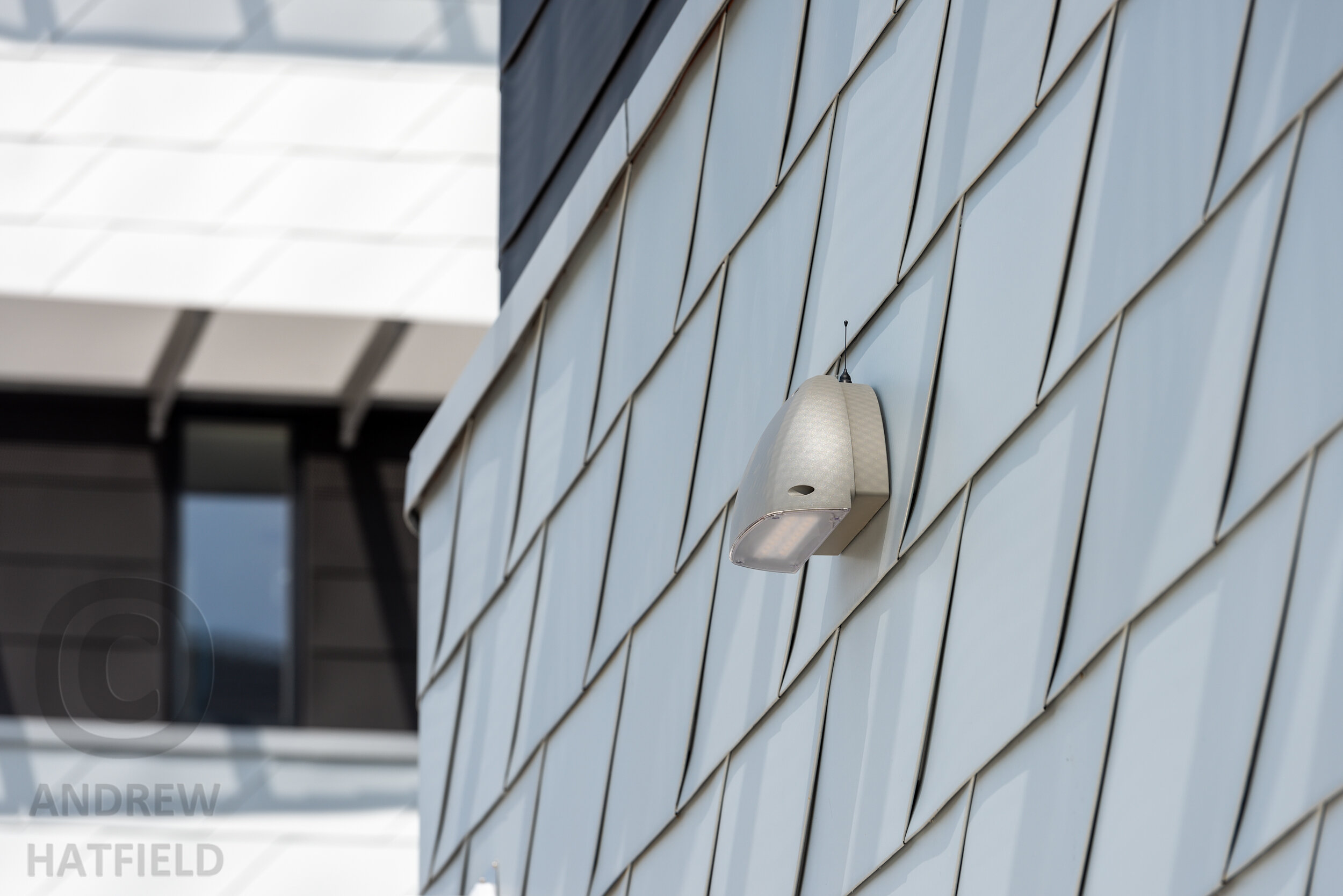 Architectural detail image showing Kirium Wall light fitting on metal clad wall