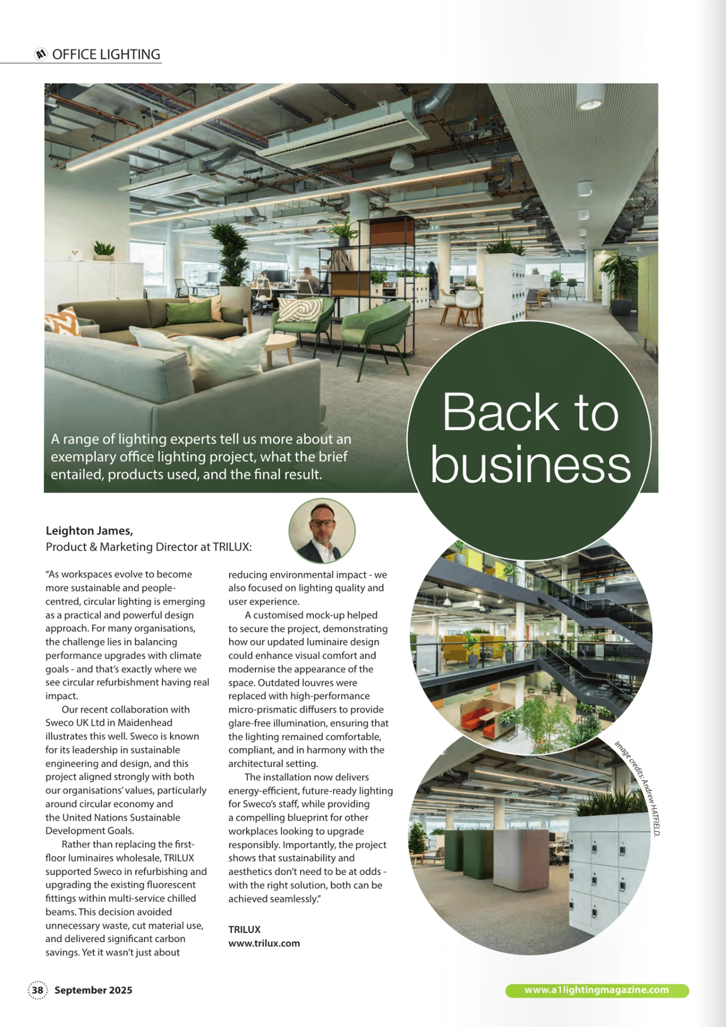 Feature on Office Lighting,  A1 Lighting Magazine Sept. 2025