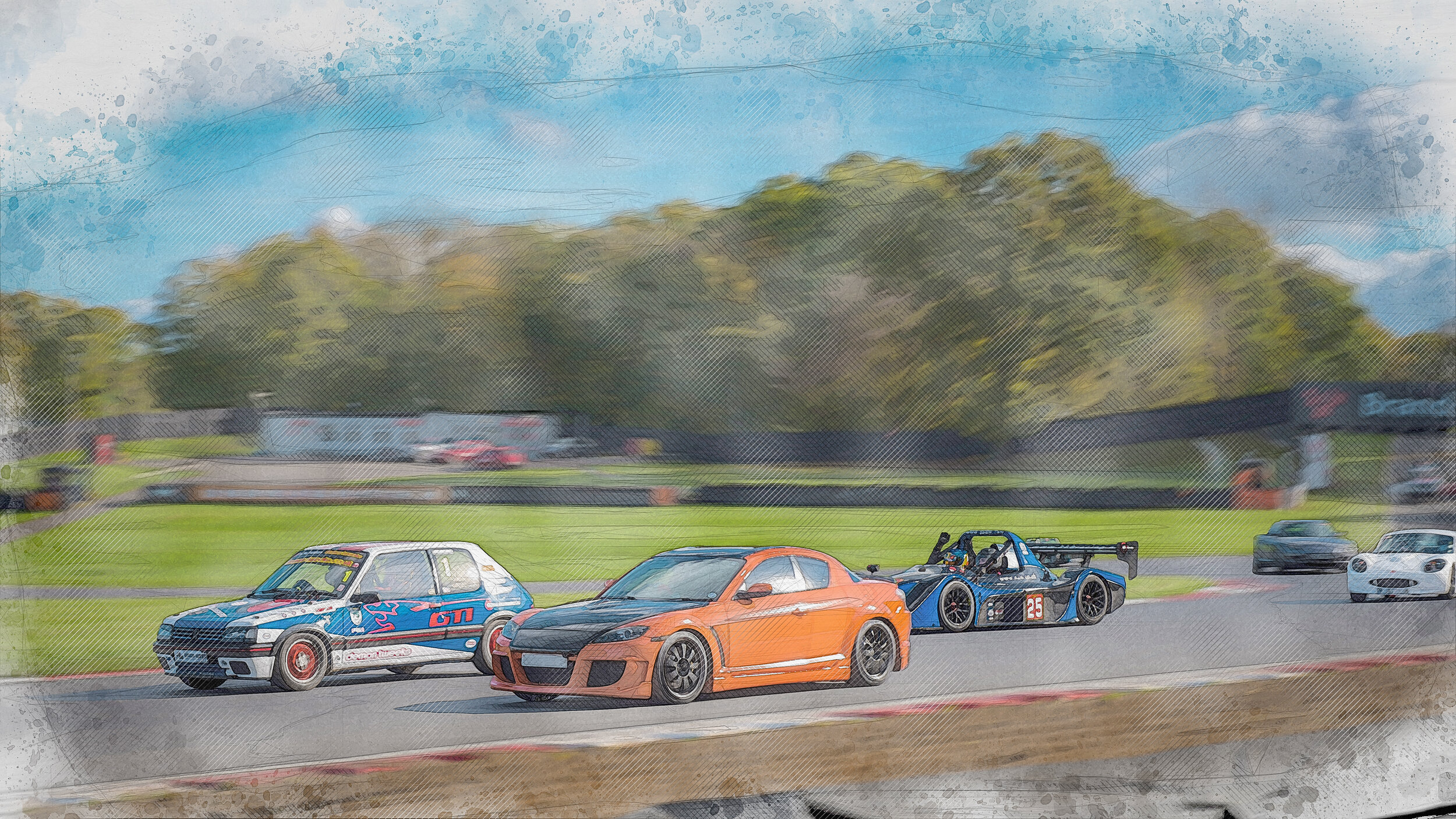 Illustrated scene of a car race on a track with colorful vehicles under a clear blue sky.