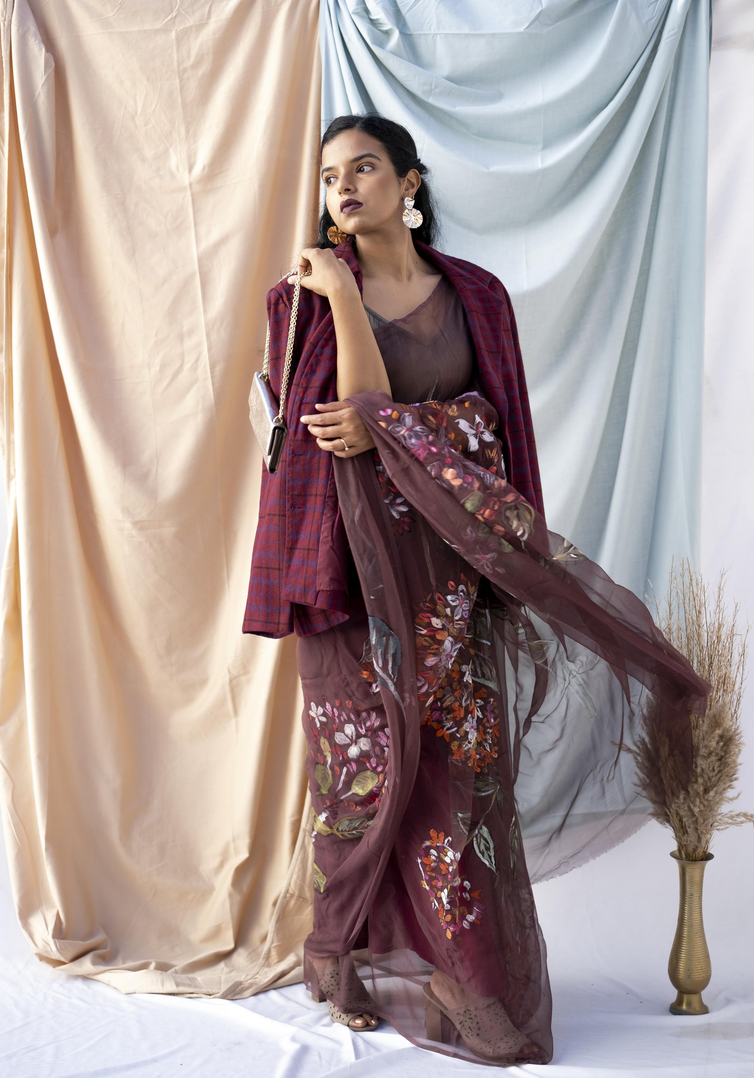 Teejh Aprajitha Indigo Block Print Linen Cotton Saree With Blouse Piec