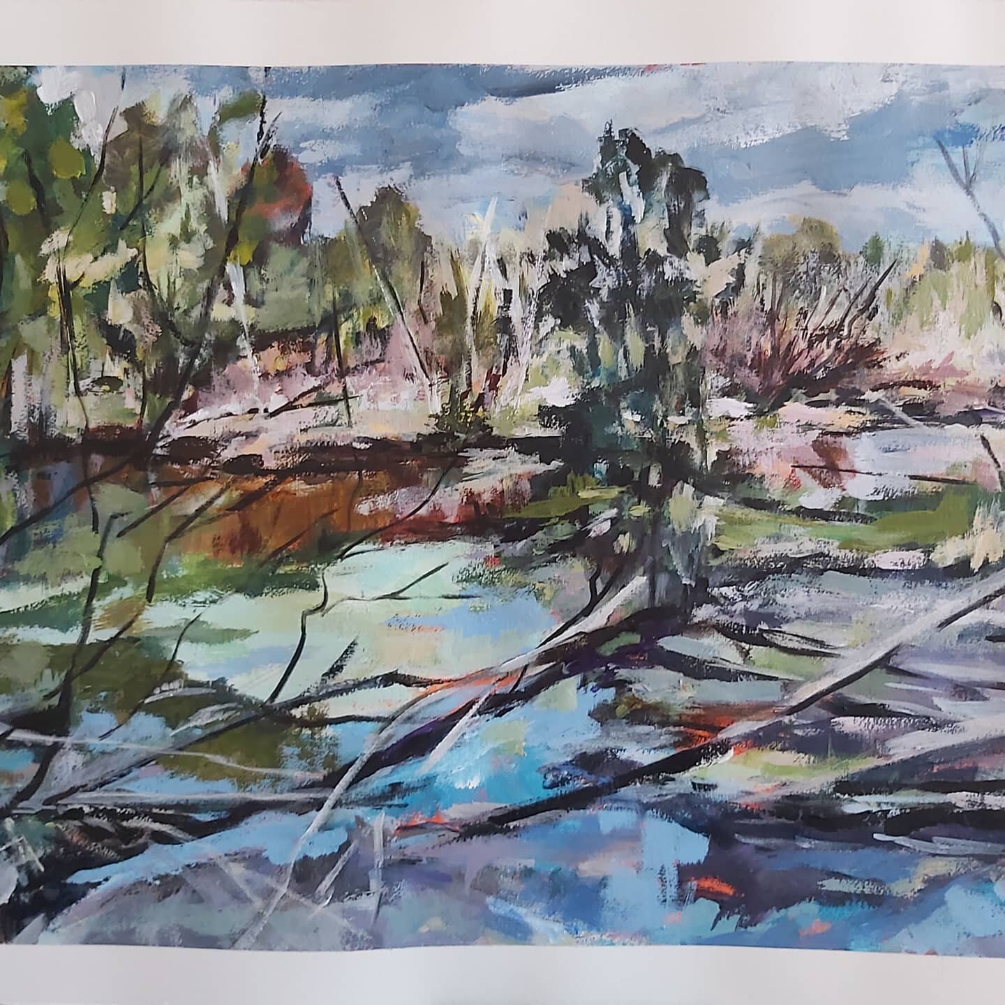 DAY 76 of the 100 day project was putting in the final touches on this landscape on paper.  Taking a small break  from my 100 days of mixed media work,  24 pieces left to do, I am still motivated but just too busy in the garden for a bit.
