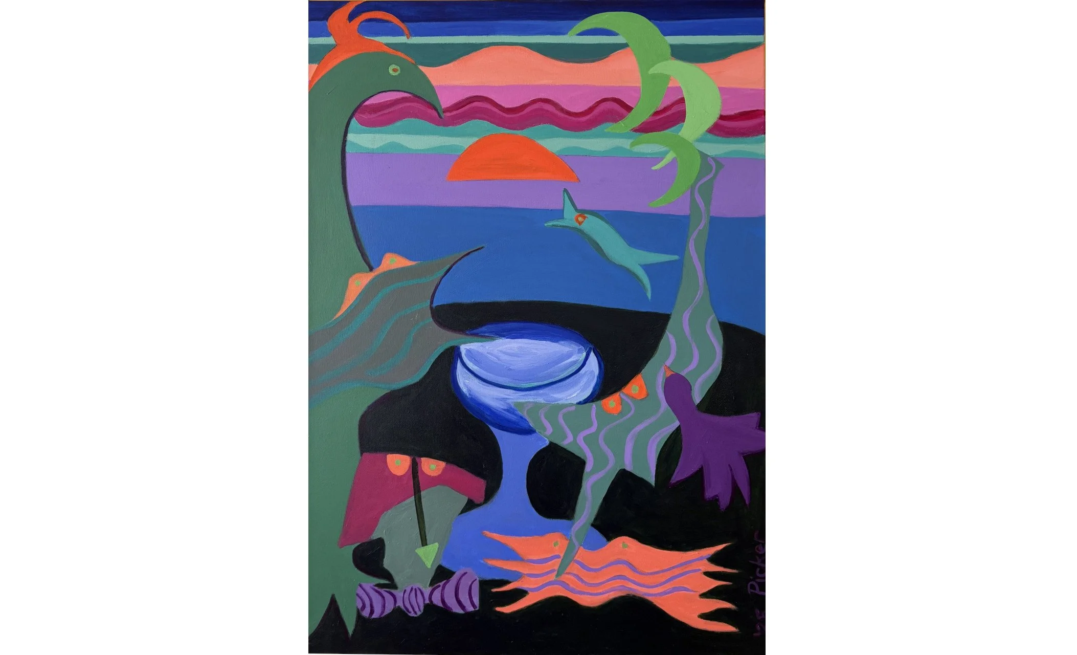 Birdbath at Sunrise.  Acrylic on canvas, 36x24. 2025