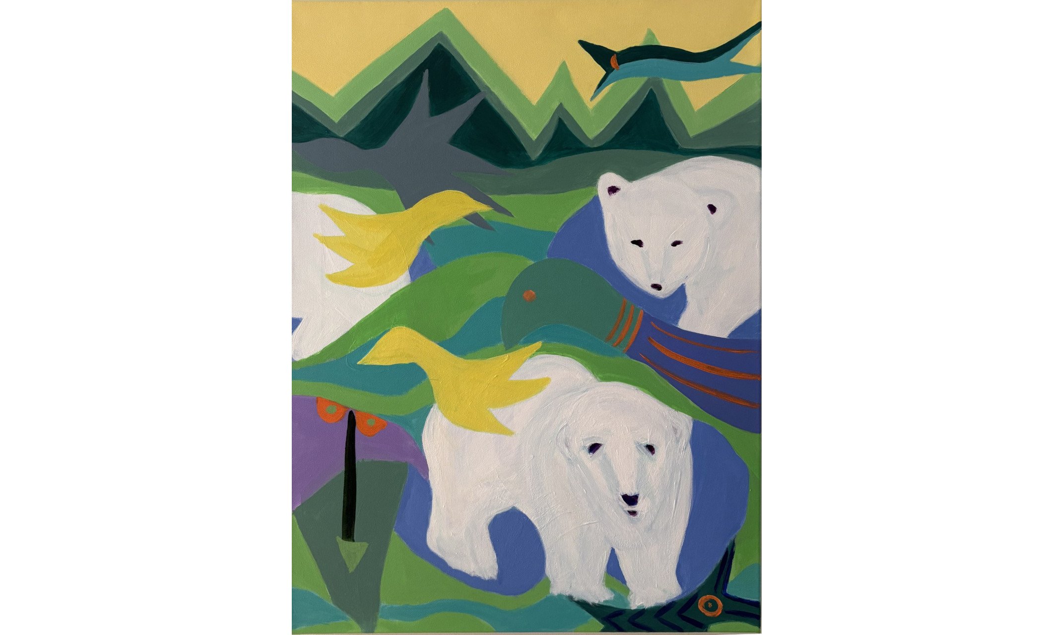 Three bears seeking shelter in the Arctic. Acrylic on canvas, 24x18, 2026