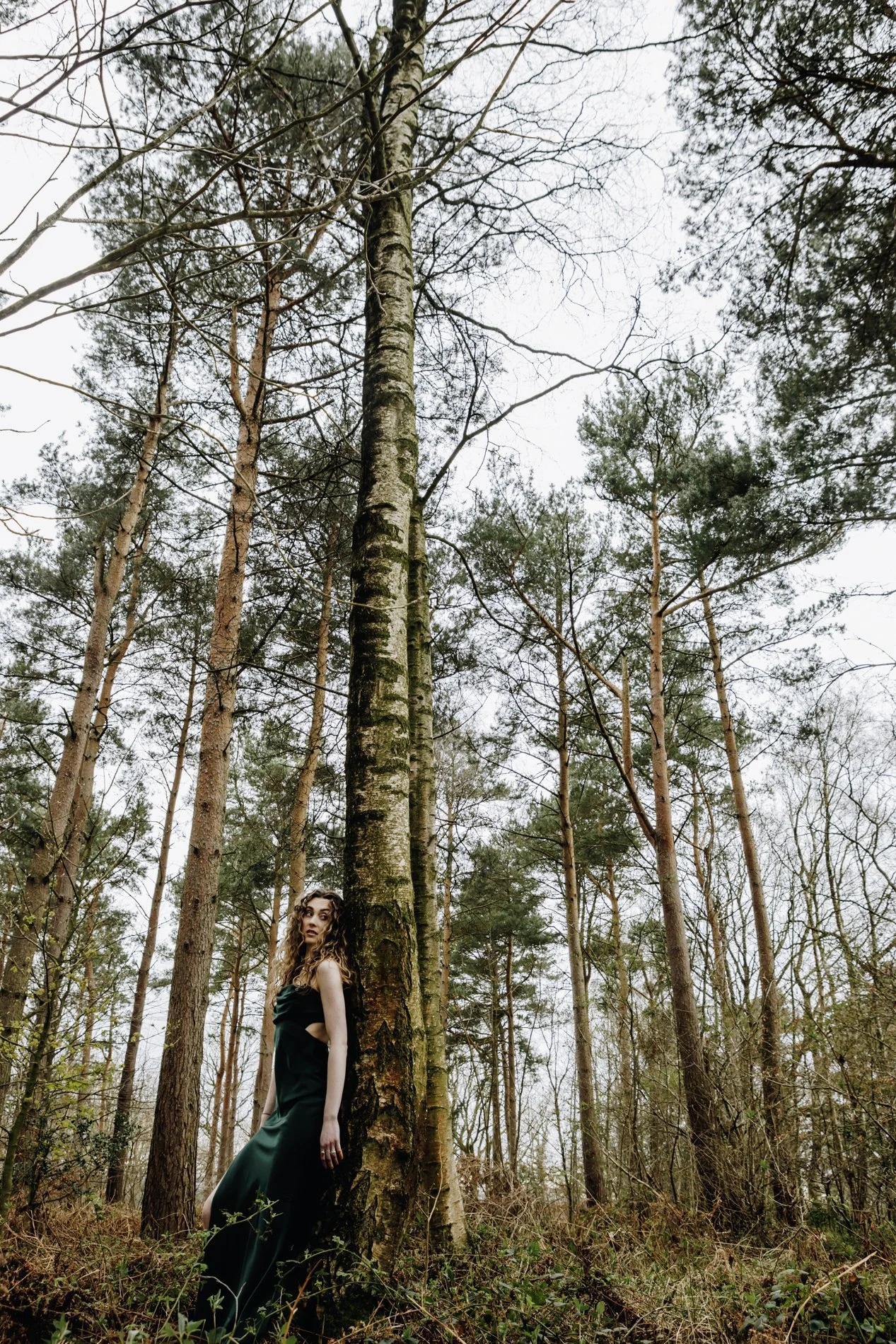 A woman with curly hair standing and leaning against a tree in a forest during daytime, wearing a long green dress.