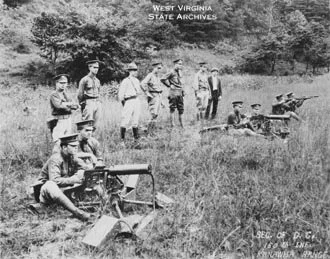 Machine gun practice, West Virginia National Guard, 150th Infantry, D Company.&nbsp;(Courtesy of the West Virginia State Archives)