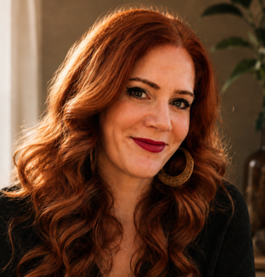Close-up of a woman with long red hair, wearing bold lipstick and large earrings, smiling at the camera indoors.