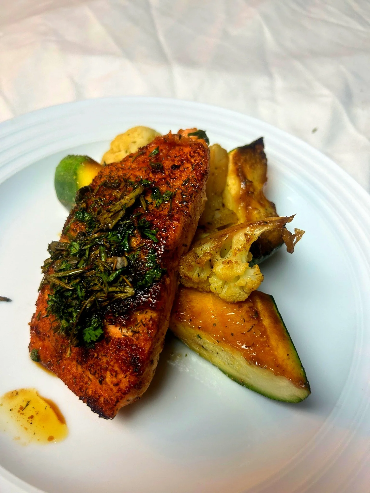 Seafood Protein: Herb Grilled Salmon with Grilled Zucchini and Steam Cauliflower served with Tzatziki Sauce
