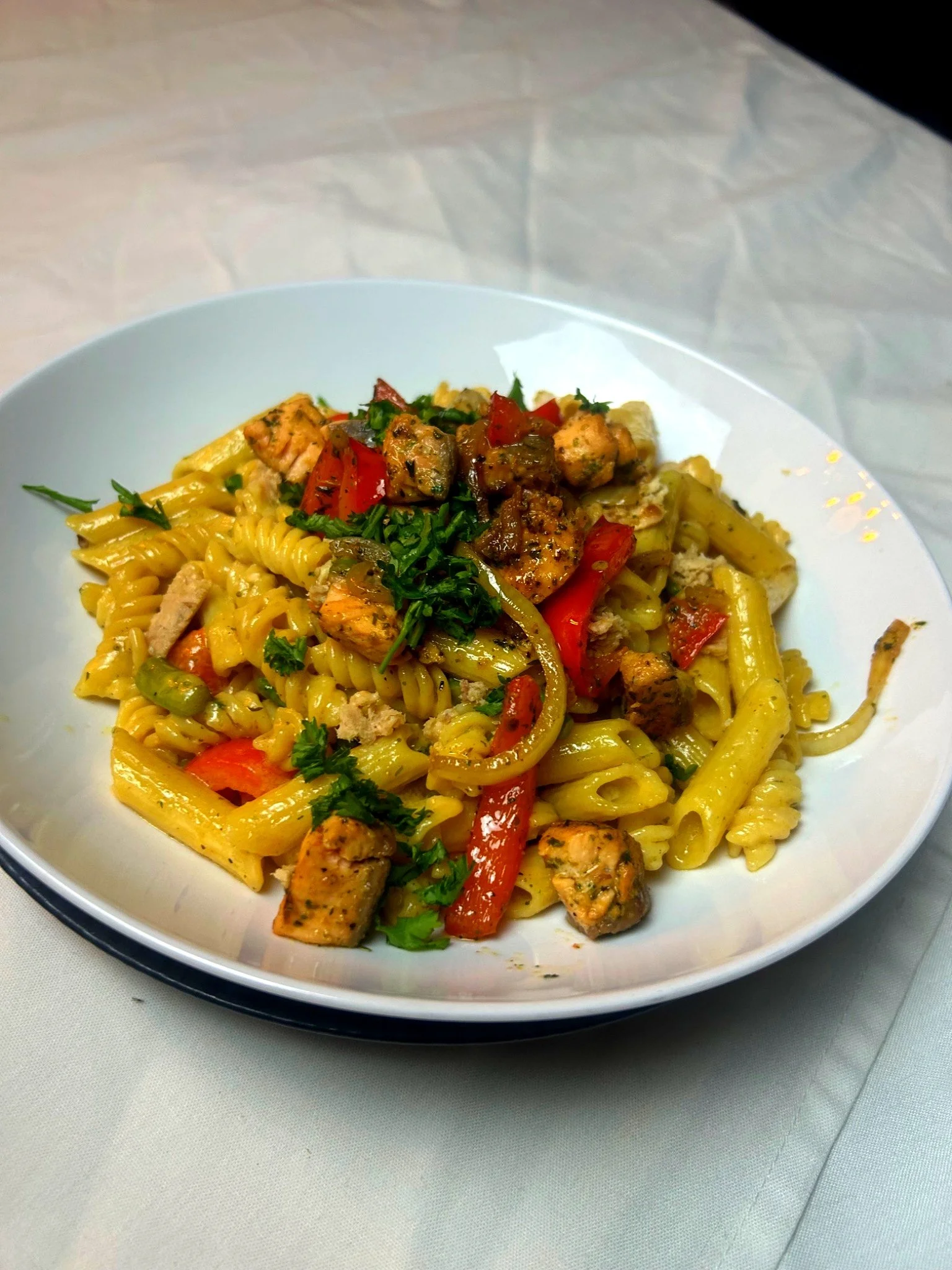 Pasta Dish: Creamy Salmon or Jackfruit & Asparagus Pasta