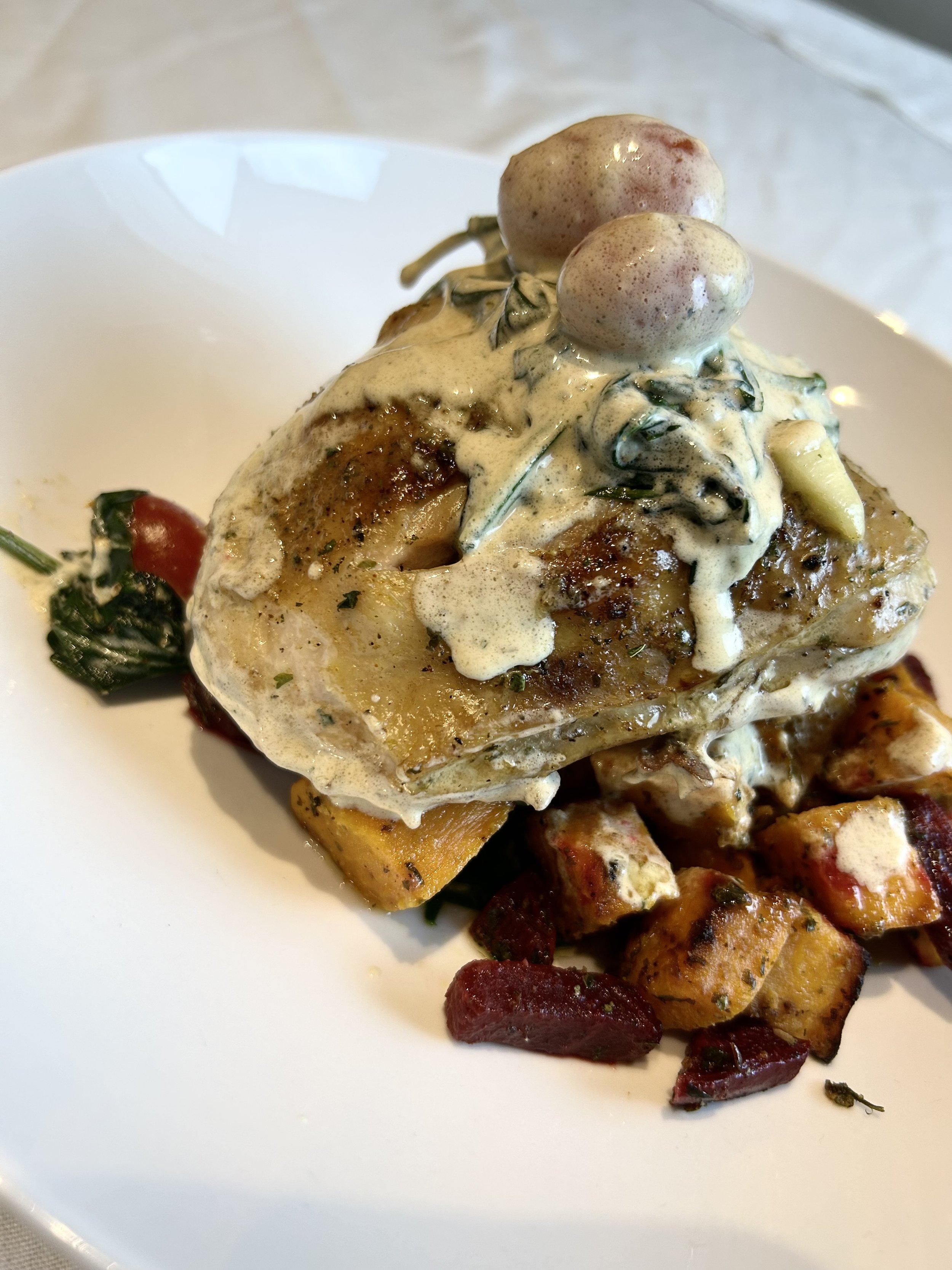 Animal Protein: Tuscan Chicken with Spinach and Sweet Potato and Beets Medley