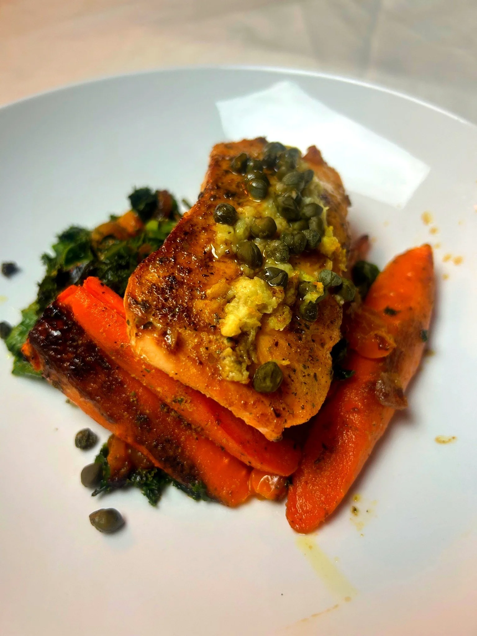 Seafood Protein: Garlic Caper Salmon with Sauteed Kale and Grilled Carrot