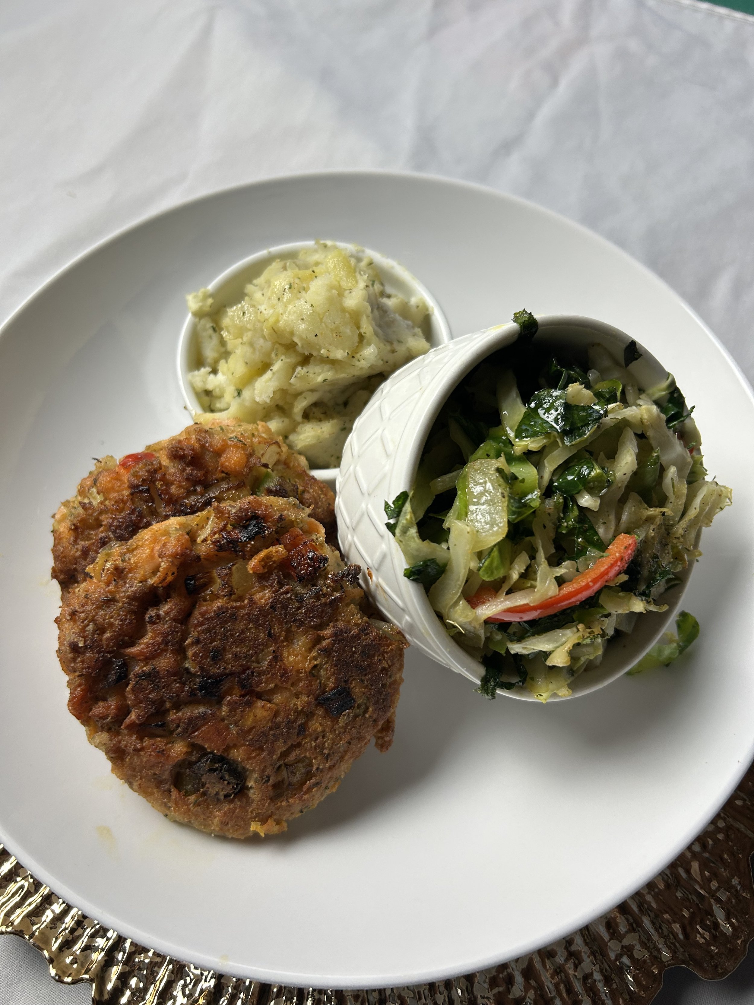 Seafood Protein: Salmon Cakes with Mashed Potatoes and Cabbage