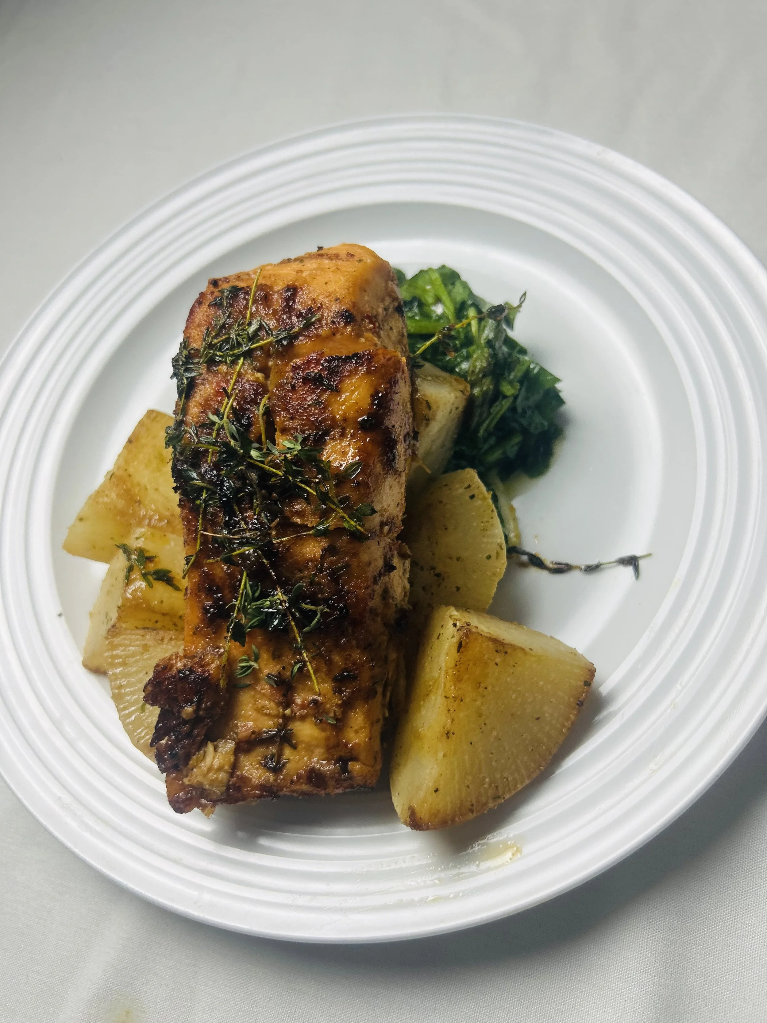Seafood Protein: Roasted honey thyme Salmon with Roasted turnip and spinach