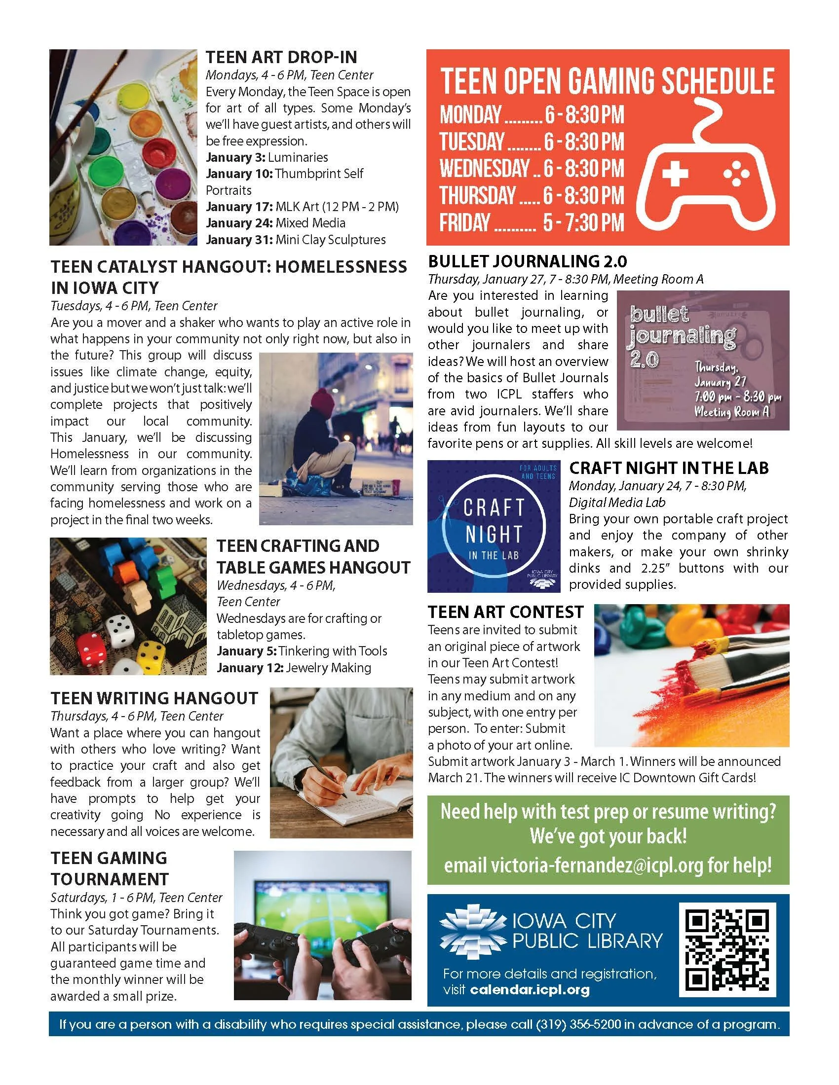 Teen Services monthly calendar, print