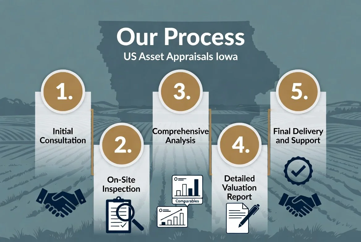 The certified machinery and equipment appraisal process, showing the valuation steps from asset data collection to final USPAP-compliant report delivery by US Asset Appraisals.