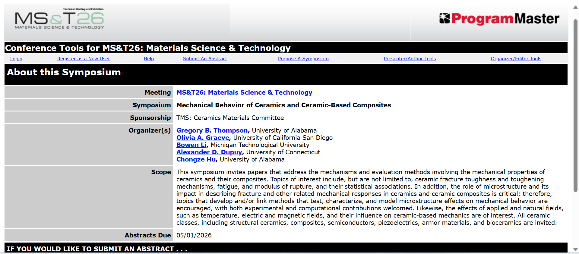 You are cordially invited to join MS&amp;T 26 symposium "Mechanical Behavior of Ceramics and Ceramic-Based Composites"