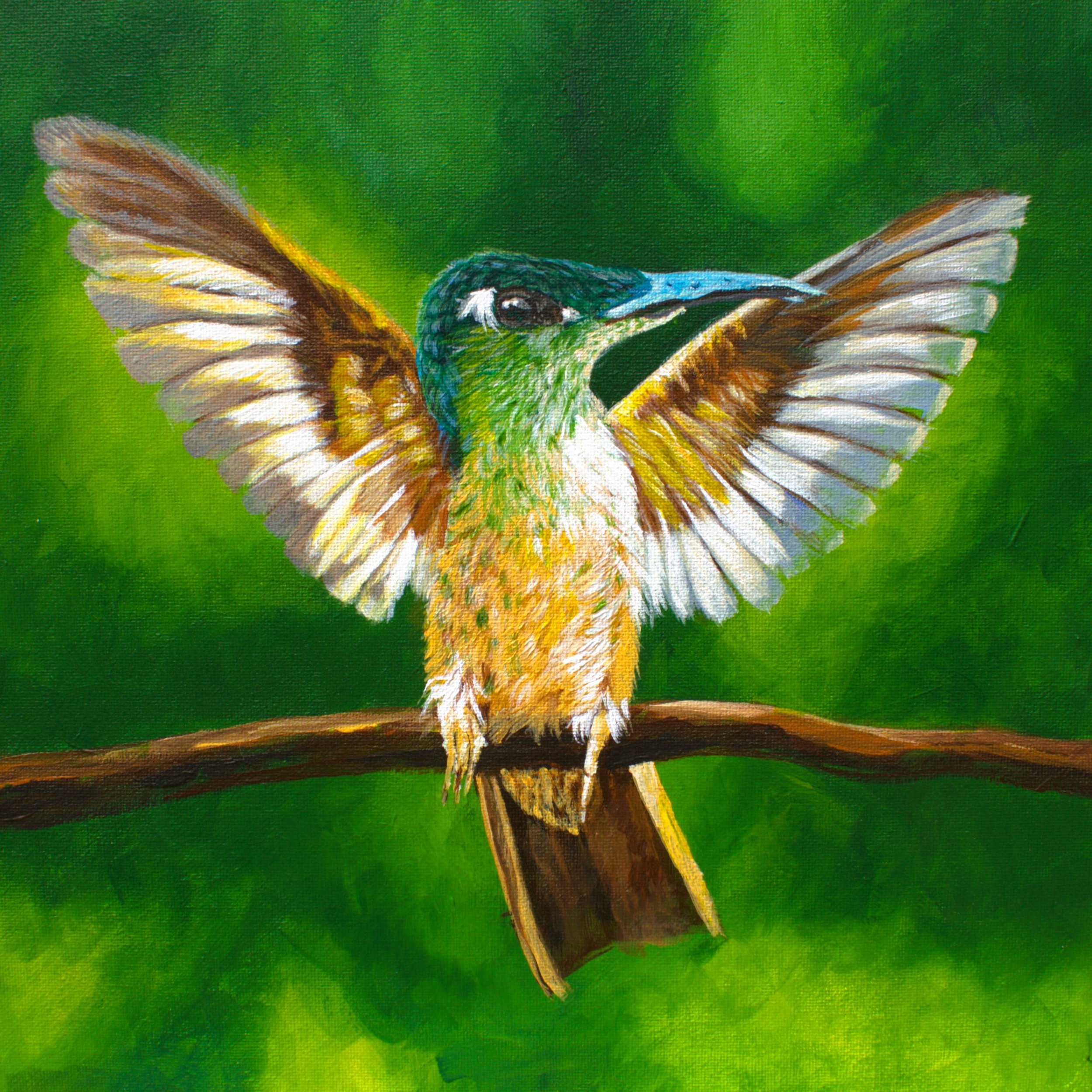A colorful painting of a hummingbird perched on a branch with its wings spread, set against a green background.