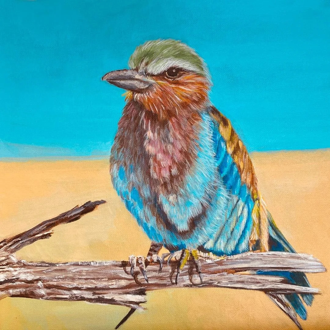 A colorful realistic painting of a bird with a bright background, perched on a branch.