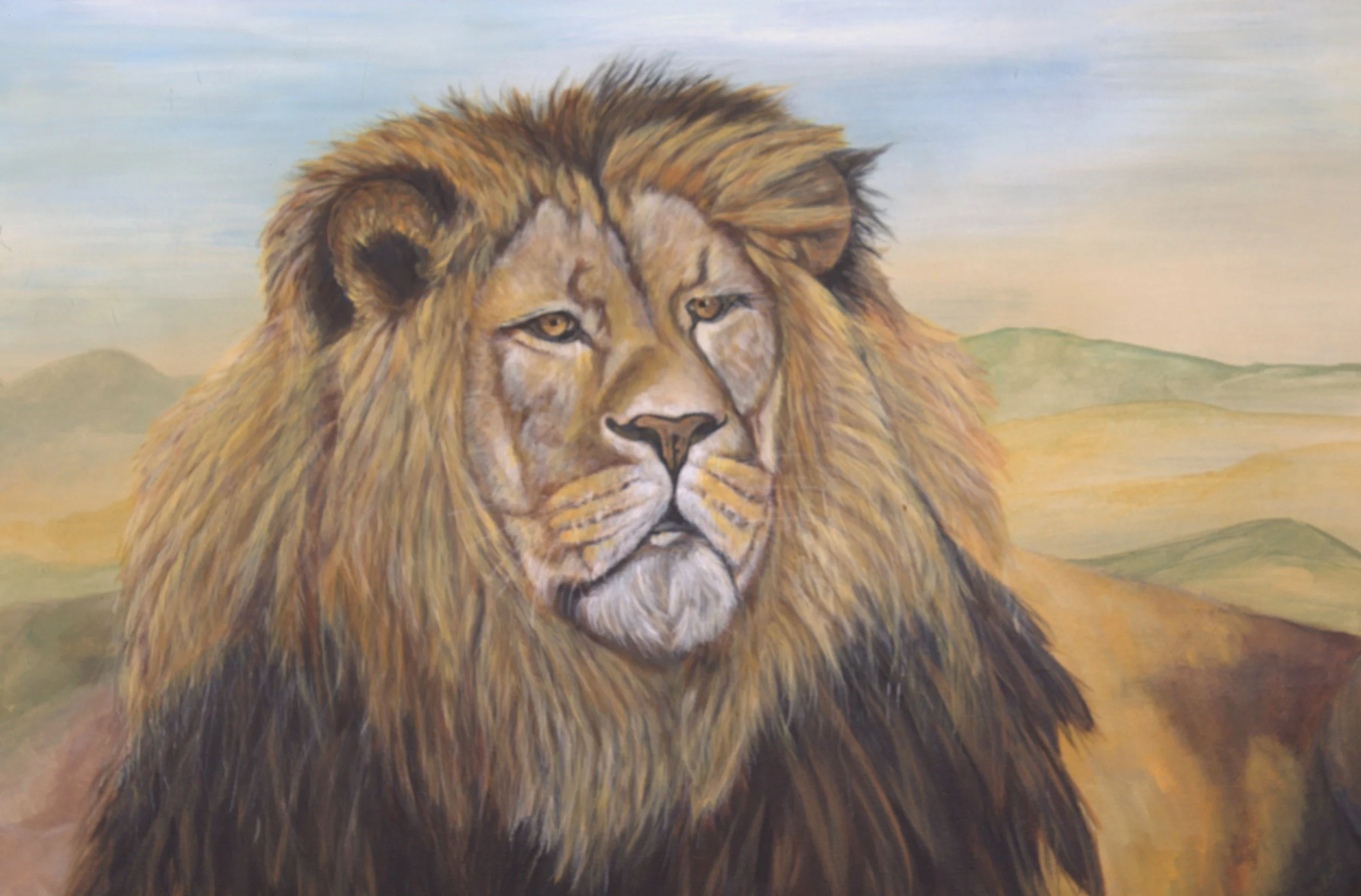 A painting of a lion with a detailed mane, set against a background of rolling hills and sky.
