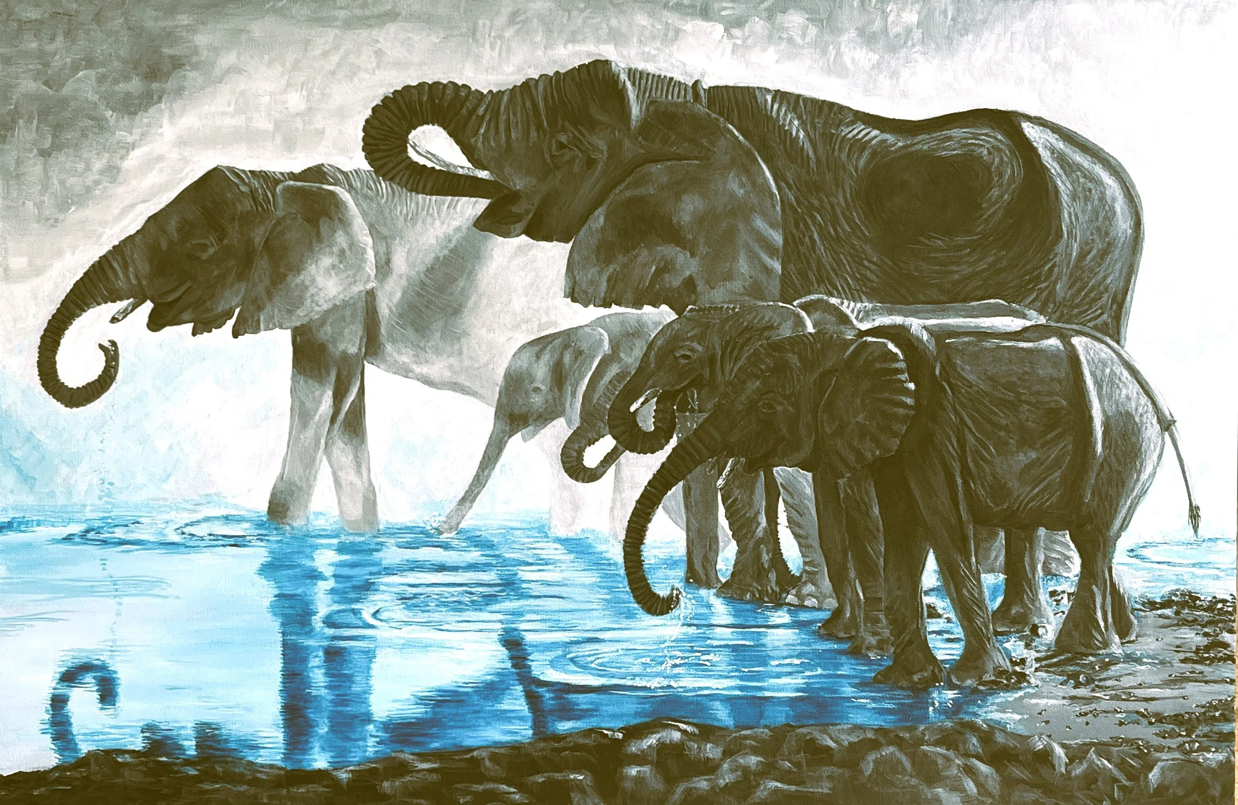 Painting of five elephants at a waterhole, with some elephants drinking water.