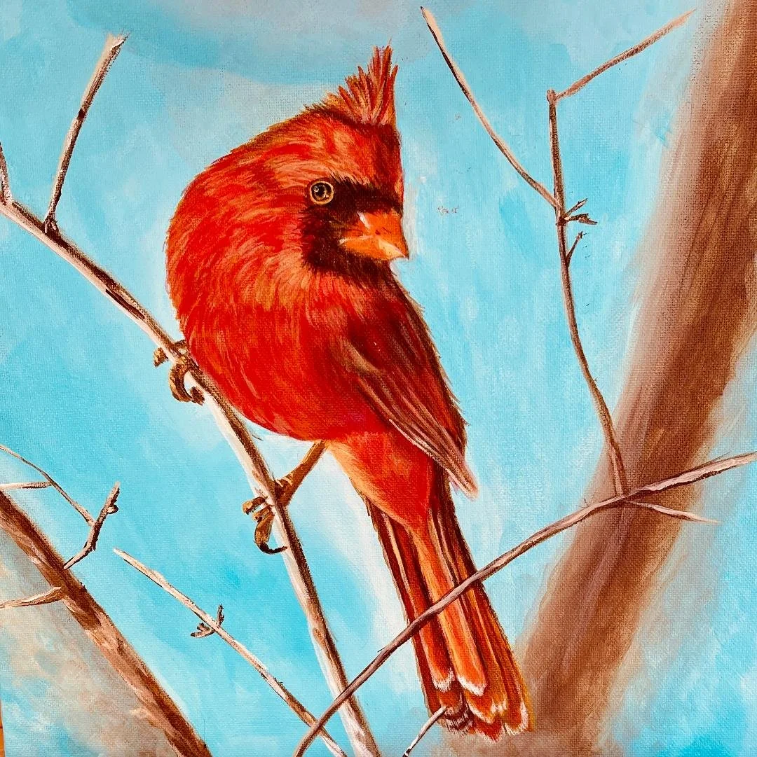 Painting of a red cardinal perched on a branch against a blue sky.