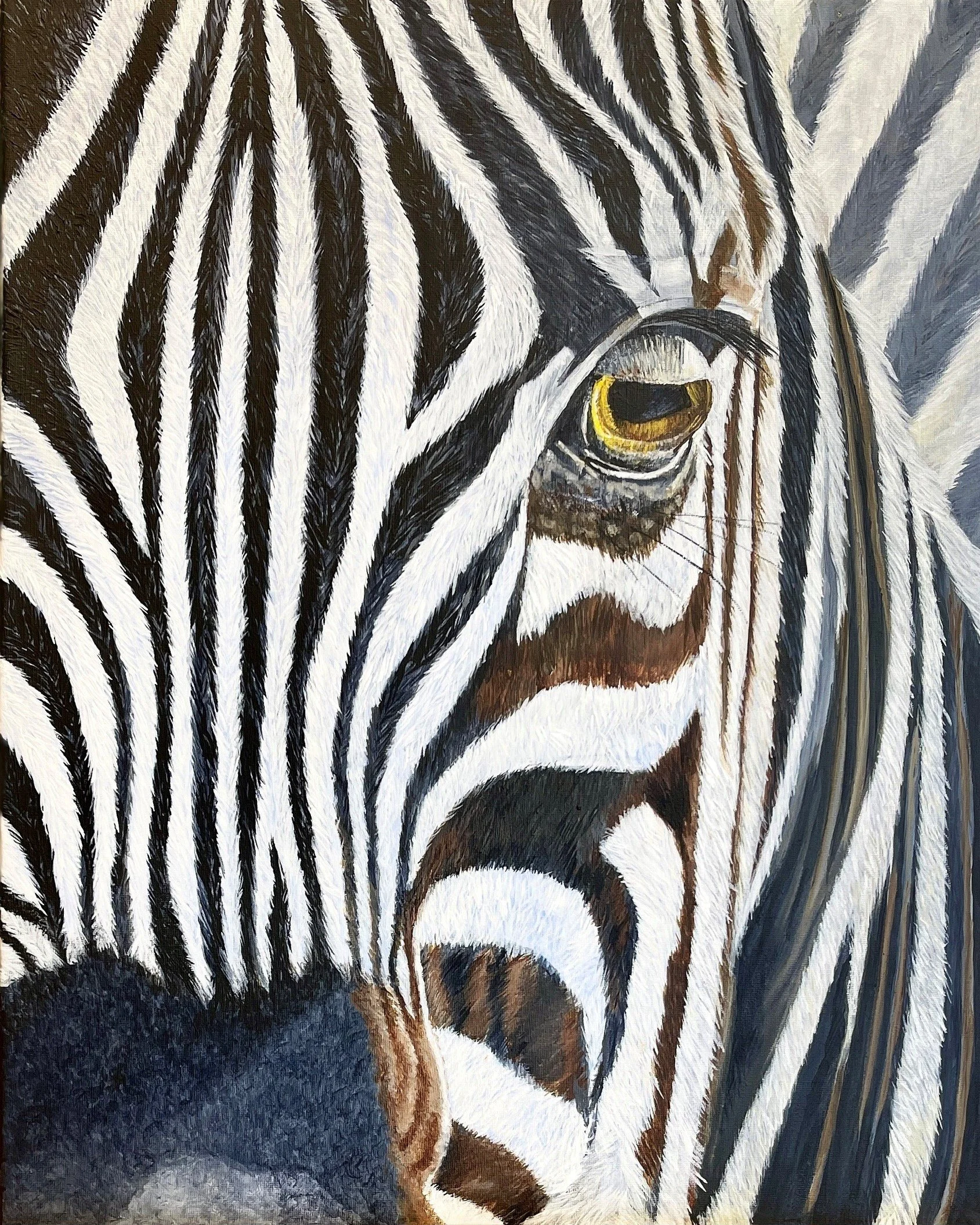 A detailed, realistic painting of a zebra's face, showing its black and white striped pattern, an eye with a yellow iris, and textured fur.