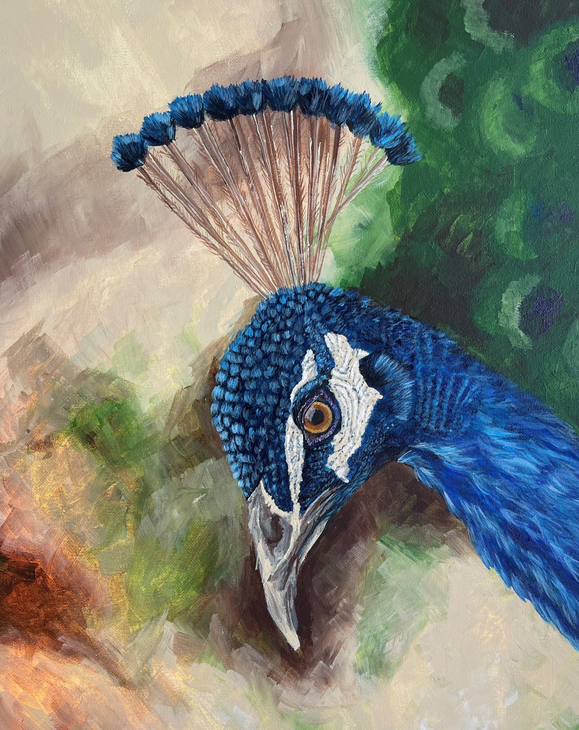 Painting of a peacock with blue feathers and a crest of fan-shaped feathers on its head, set against a background of green and earthy tones.