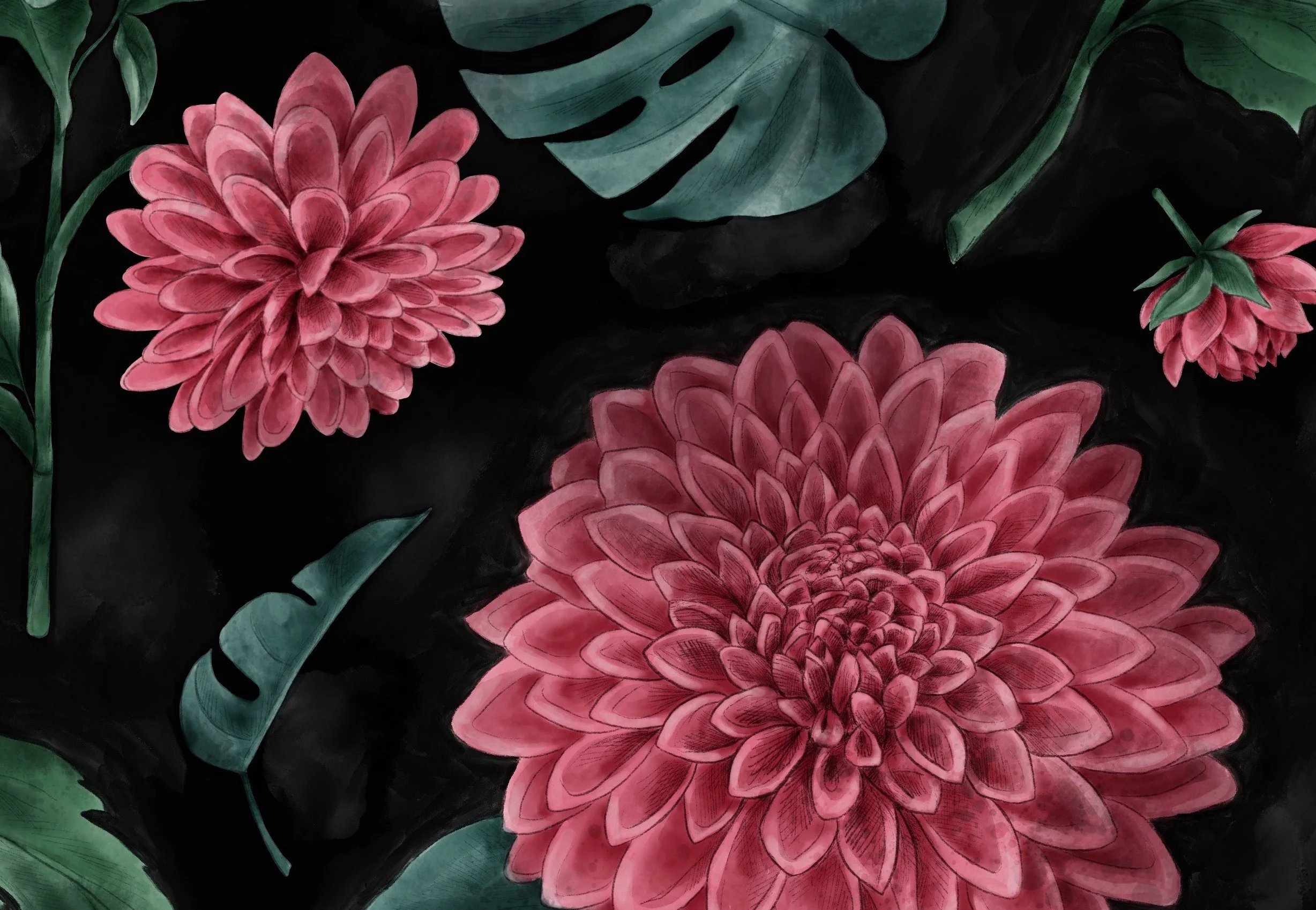 illustration-pattern-fleurs-magenta-Dahlia-Monstera-Leeka-2.jpg