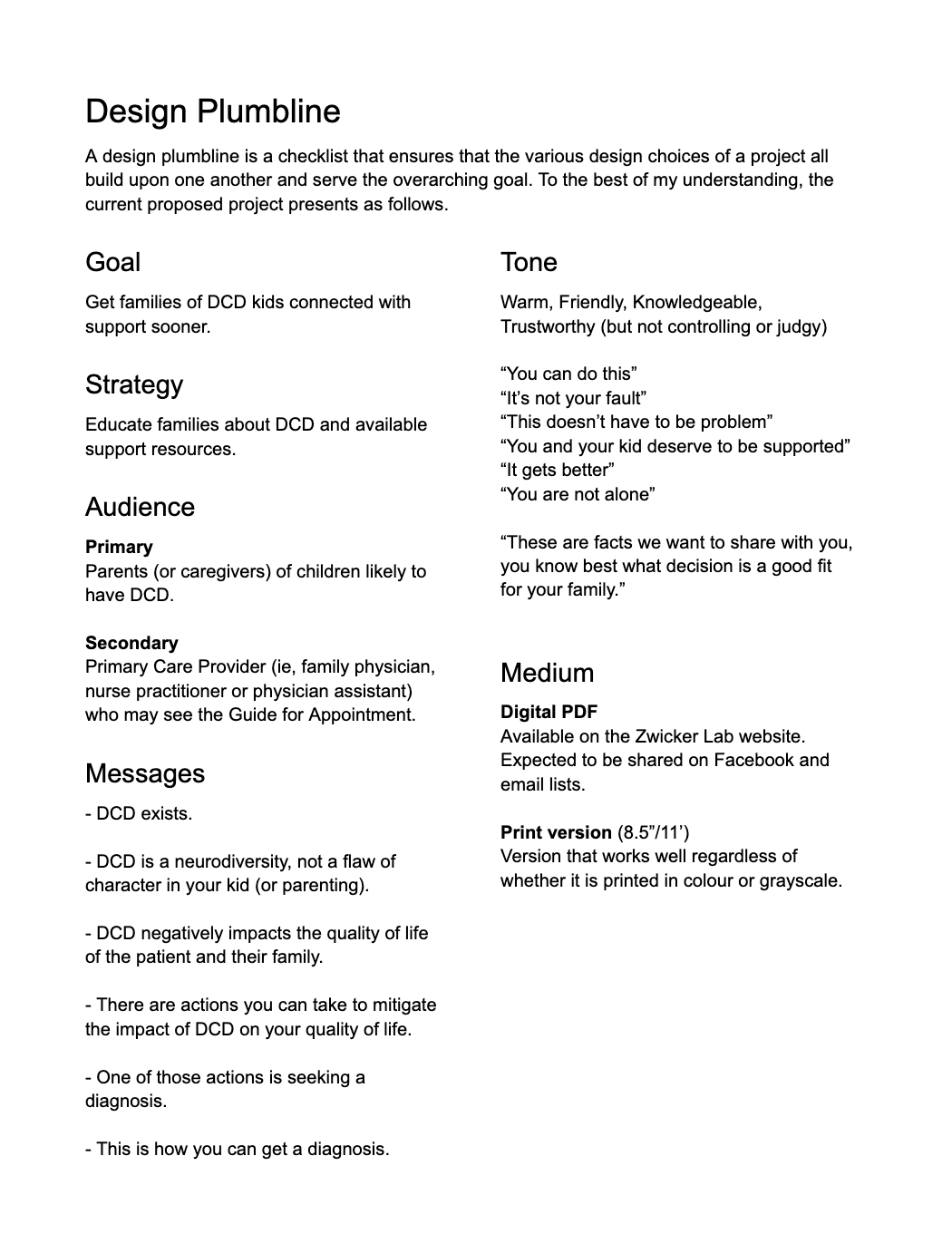 List of the goal, strategy, audience and other factors taken into consideration when designing the document.
