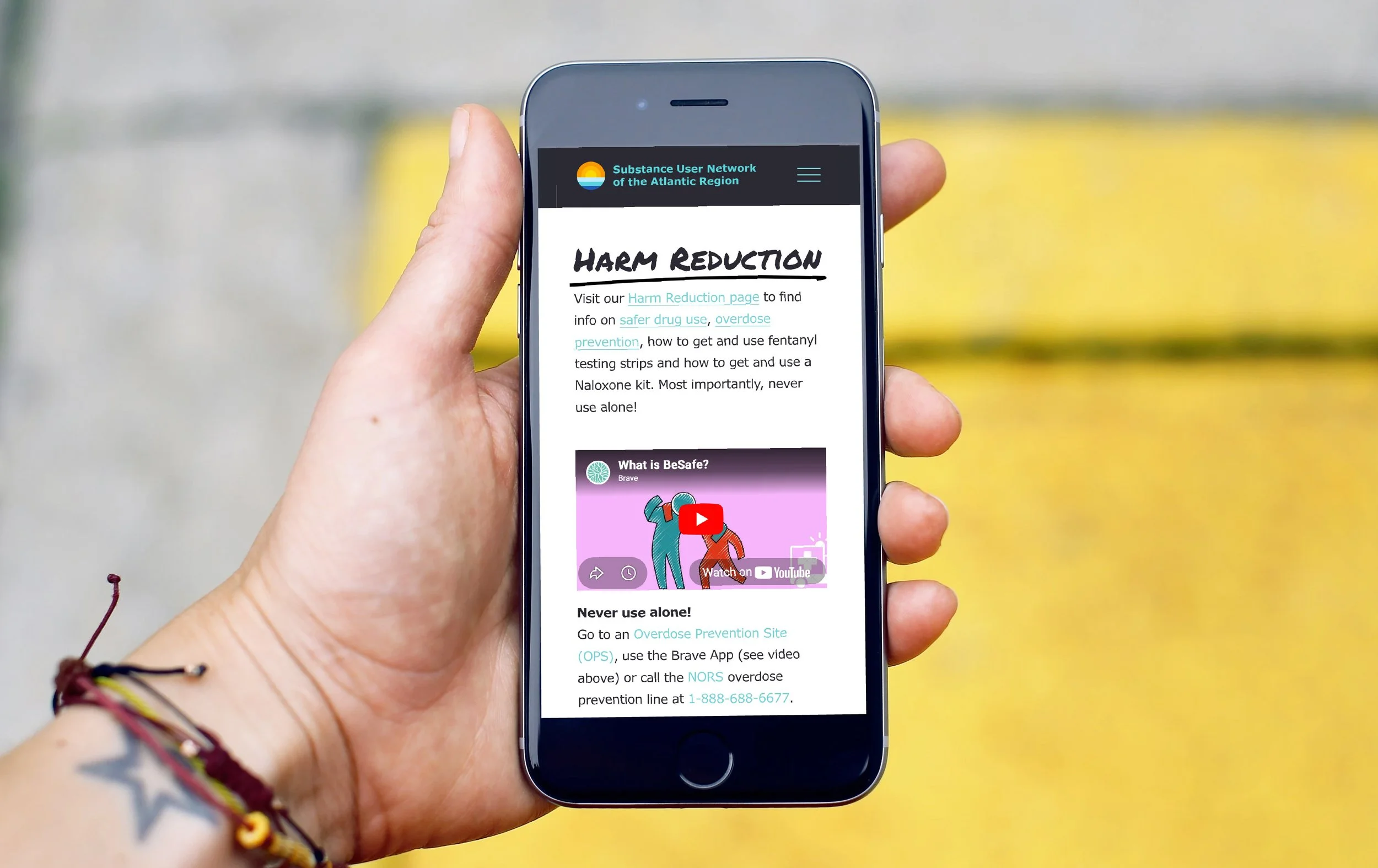 harm reduction page of the website viewed on mobile
