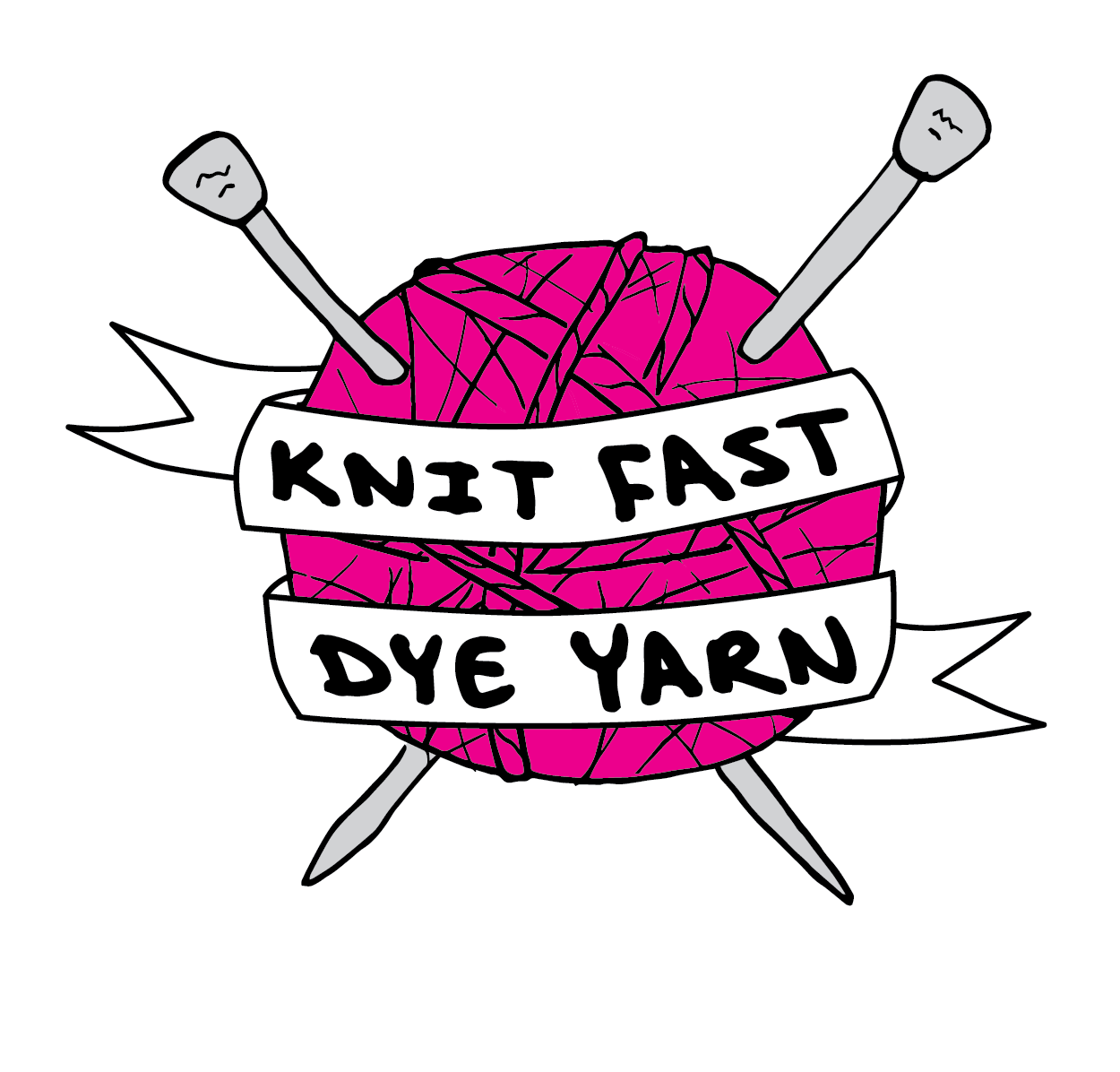 illustration of ball of magenta yarn and knitting needles with the words "Knit fast dye yarn"