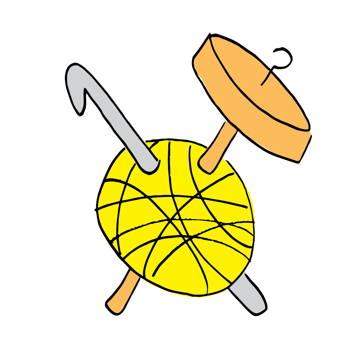 Illustration of a yellow ball of yarn with a drop spindle and a crochet hook poking through it in the style of a scull and bones