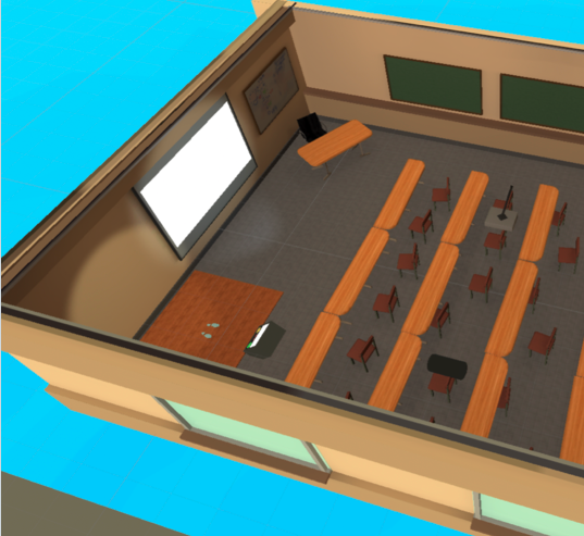 Exact same Classroom settings, realistic environment, PDF uploaded as presentation, experimentation, they practice in VR and go back to the places they present in real life